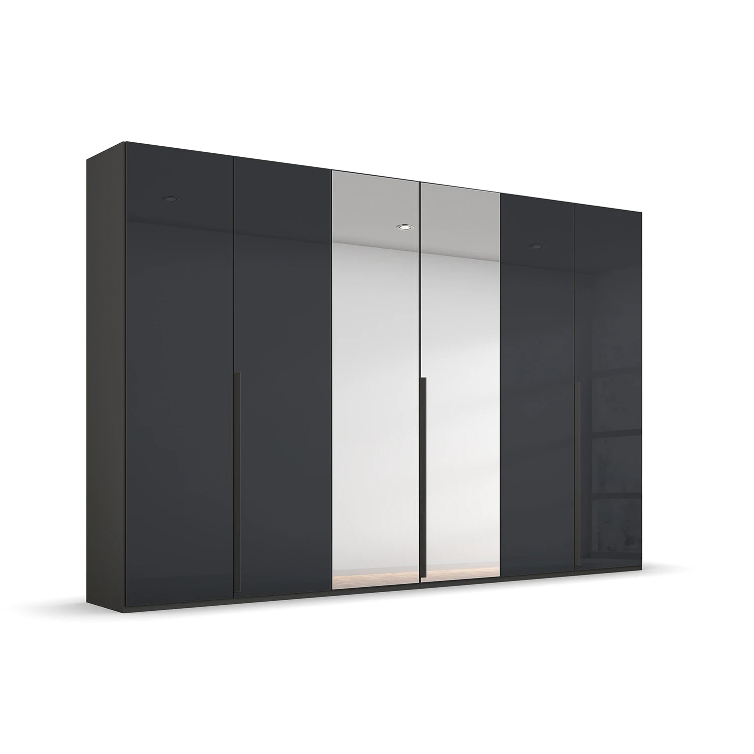 Rauch Frans 300cm Graphite Basalt Glass 6 Door Wardrobe with Mirror and Long Metal Handles