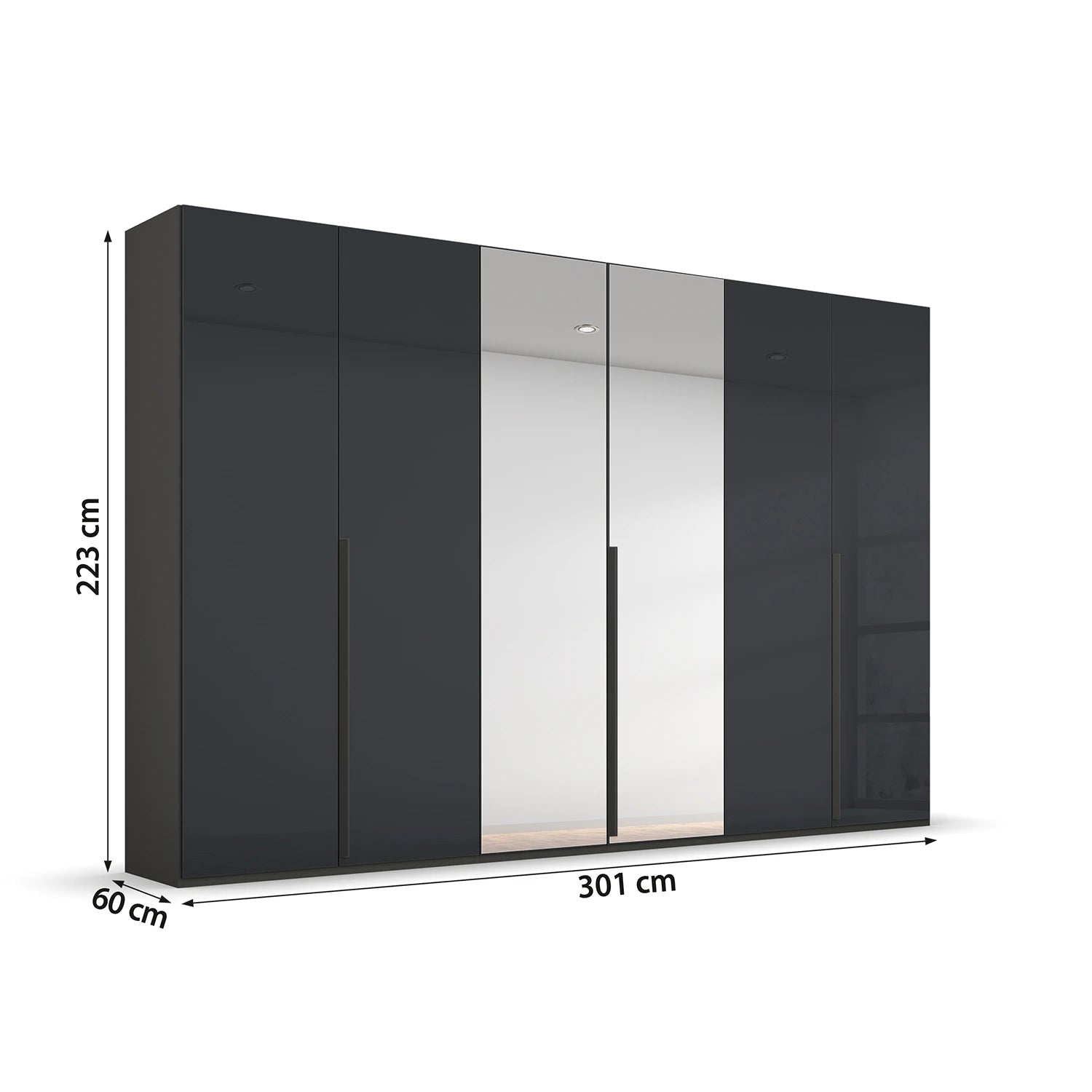 Rauch Frans Black wardrobe with Mirror and dimensions on a white background