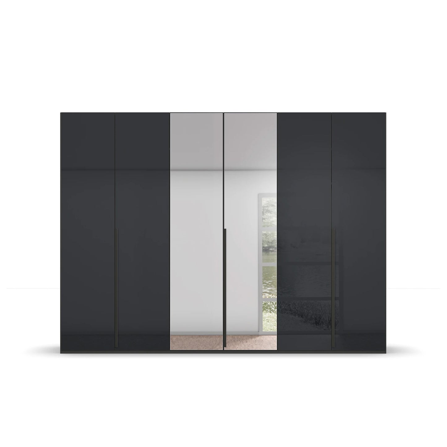 Rauch Frans 300cm Basalt Glass 6 Door Wardrobe with Mirror and Long Metal Handles