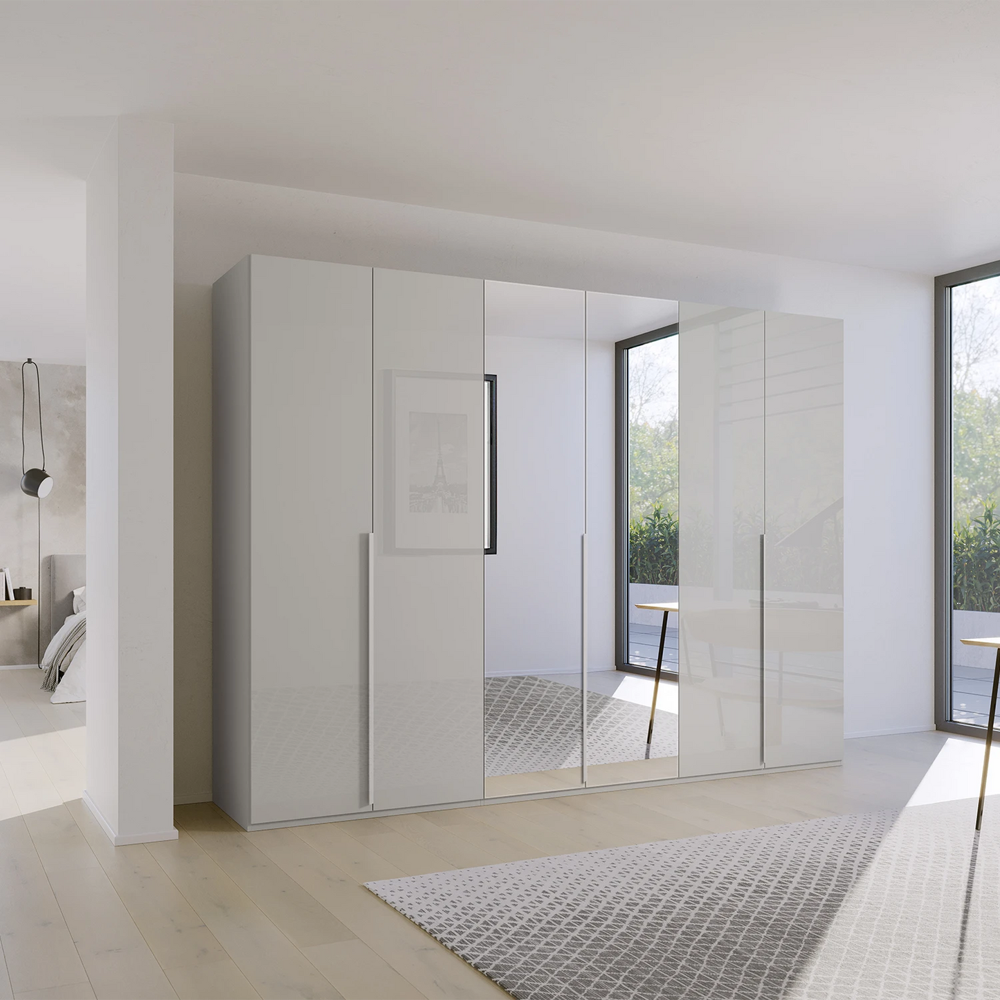 Rauch Frans 300cm Silk Grey Glass 6 door wardrobe with Mirror, premium interior and long door handles