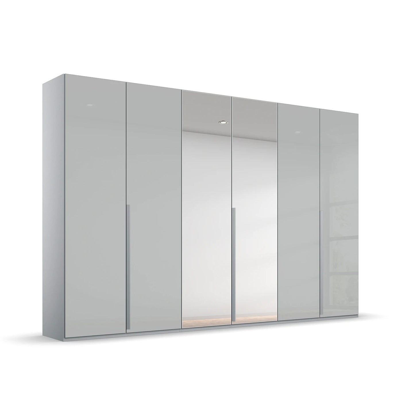 Rauch Frans 300cm Silk Grey Glass 6 Door Wardrobe with Mirror and Long Metal Handles