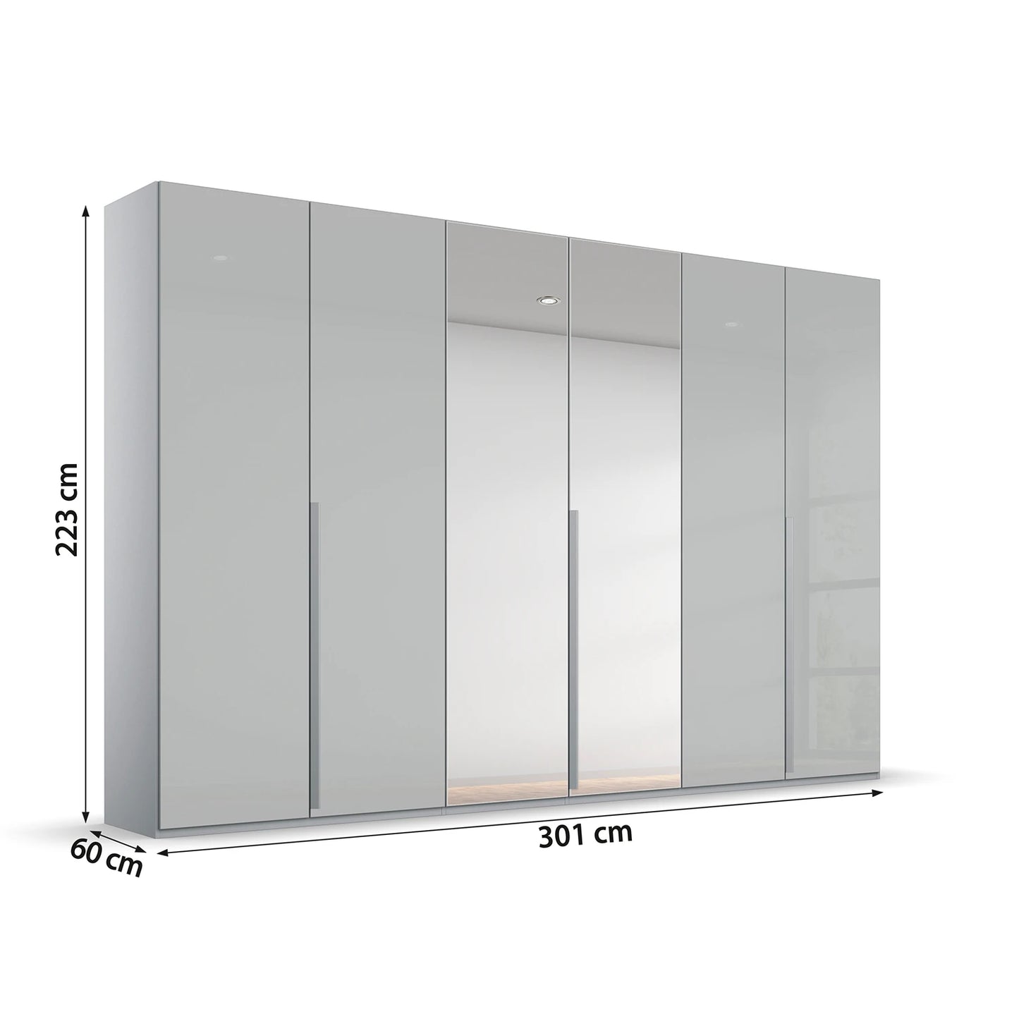 Gray wardrobe with dimensions on a white background