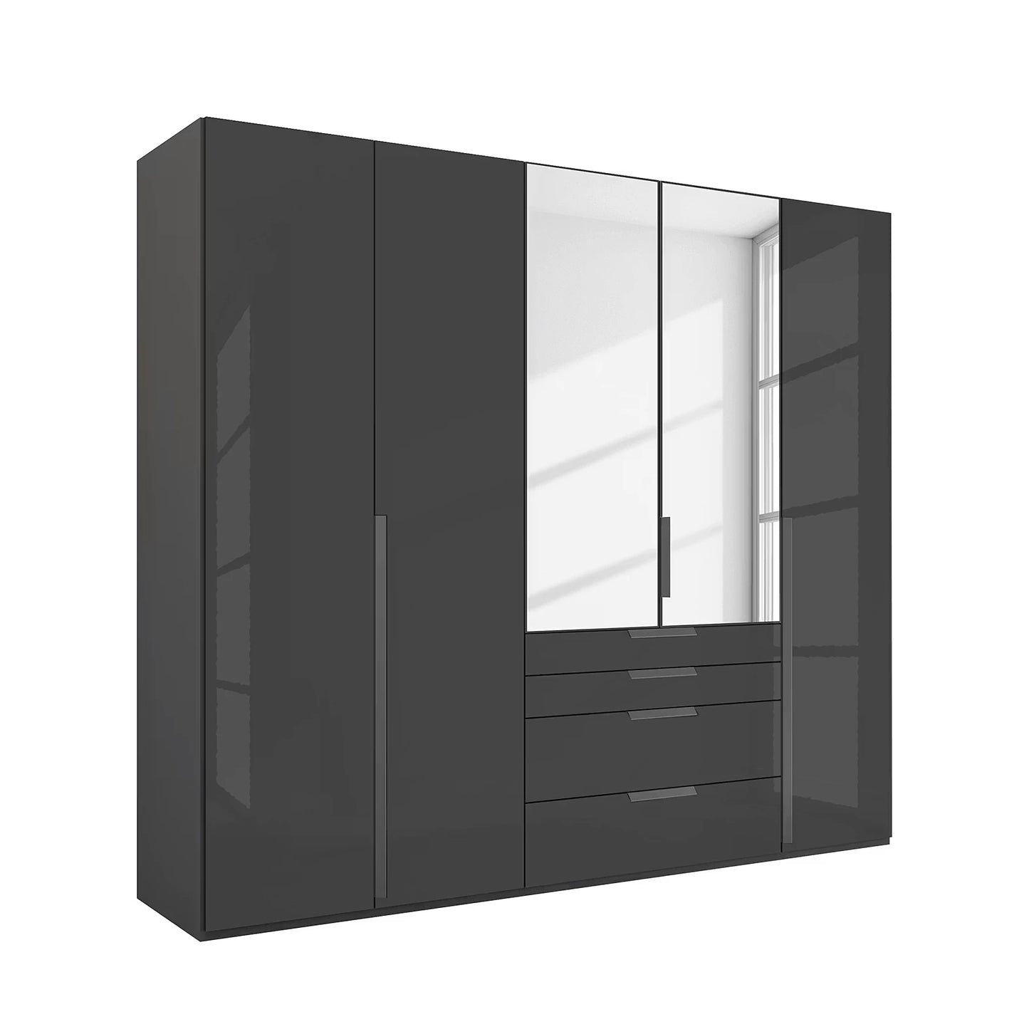 Rauch Frans 251cm  Glass 5 door wardrobe with exterior drawers, Long Door Handles and Premium Interior 