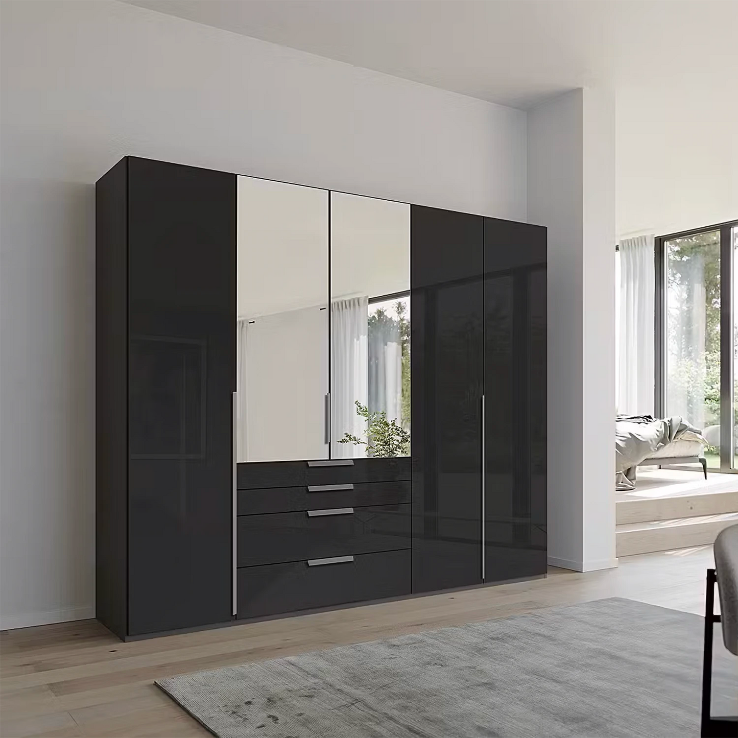 Rauch Frans 251cm Graphite Glass 5 door wardrobe with exterior drawers, Mirror, Long Door Handles and Premium Interior 
