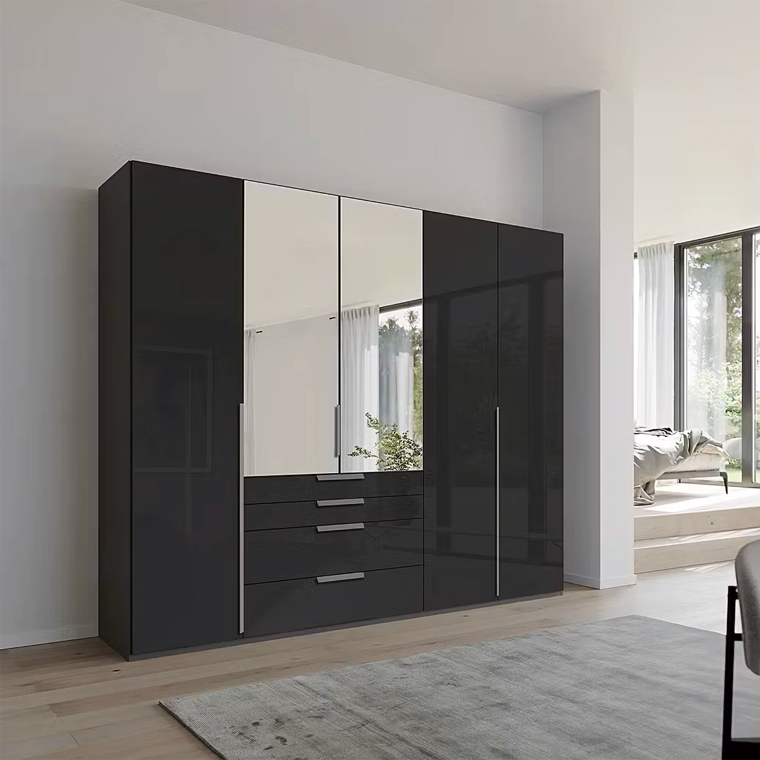 Rauch Frans 251cm Graphite Glass 5 door wardrobe with exterior drawers, Mirror, Long Door Handles and Premium Interior 