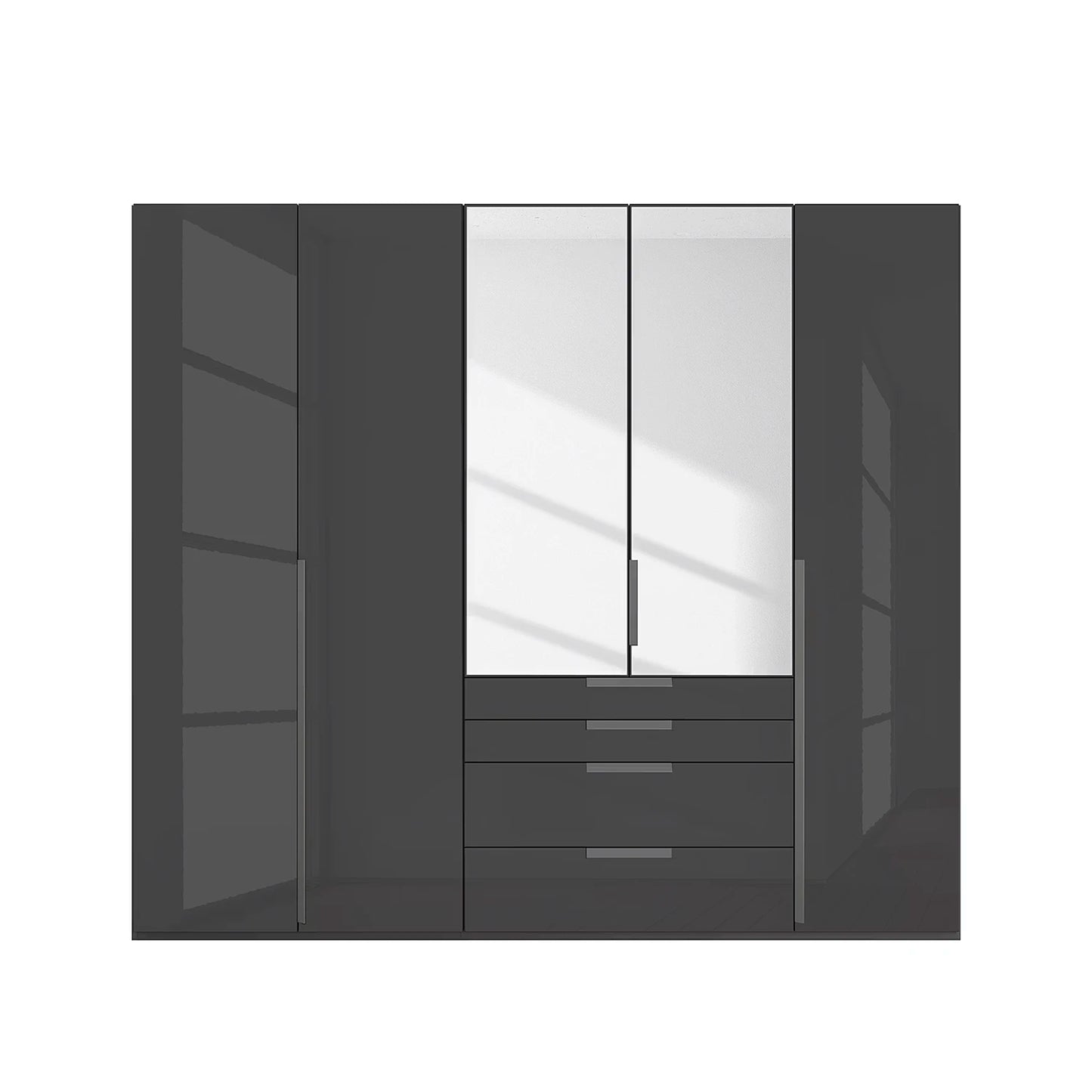 Rauch Frans 251cm Graphite Glass 5 door wardrobe with Mirror, exterior drawers, Long Door Handles and Premium Interior 