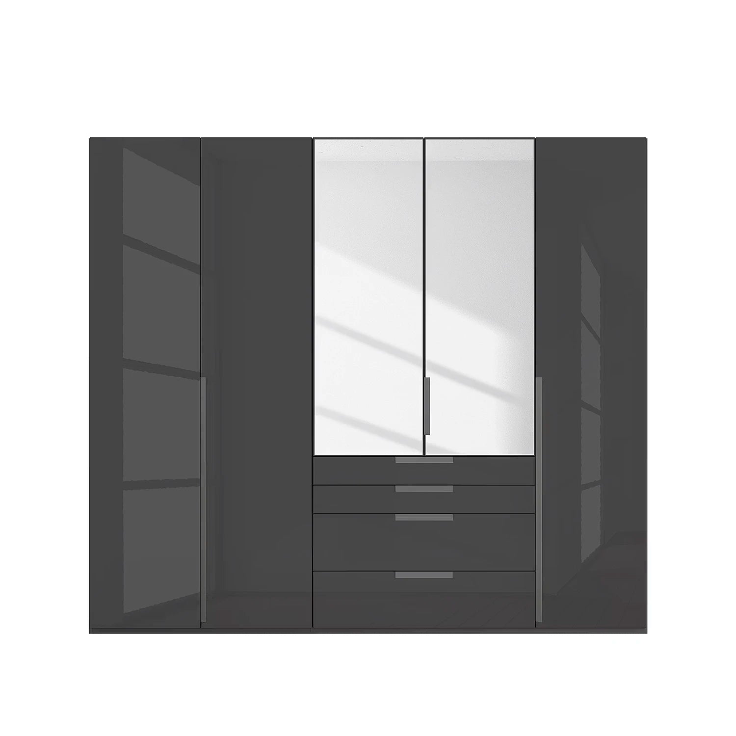 Rauch Frans 251cm Graphite Glass 5 door wardrobe with Mirror, exterior drawers, Long Door Handles and Premium Interior 