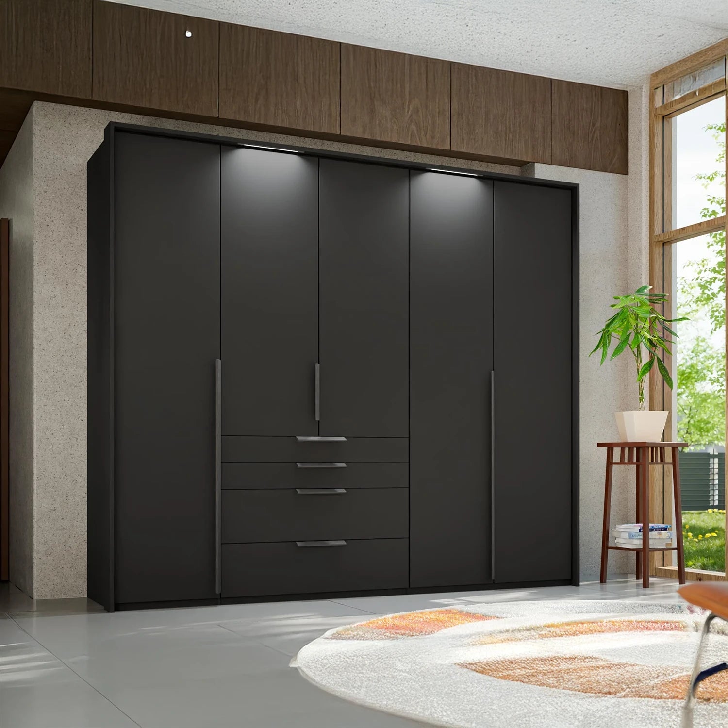 Rauch Frans 251cm 5 door Graphite wardrobe with exterior drawers, Light Passepartout Frame and Long Door Handles