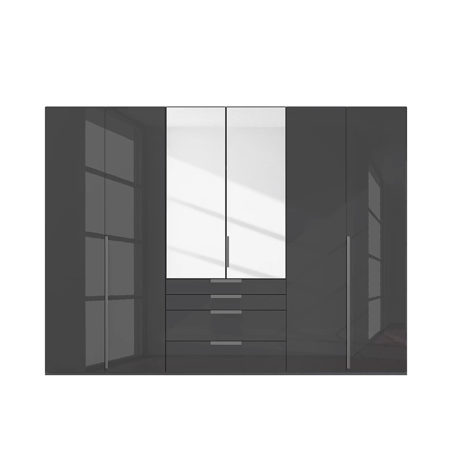 Straight view of Rauch Frans 301cm Graphite Basalt Glass 6 Door Hinged Wardrobe with Exterior Drawers, Mirror, Long Door handles and Premium Interior Inside 