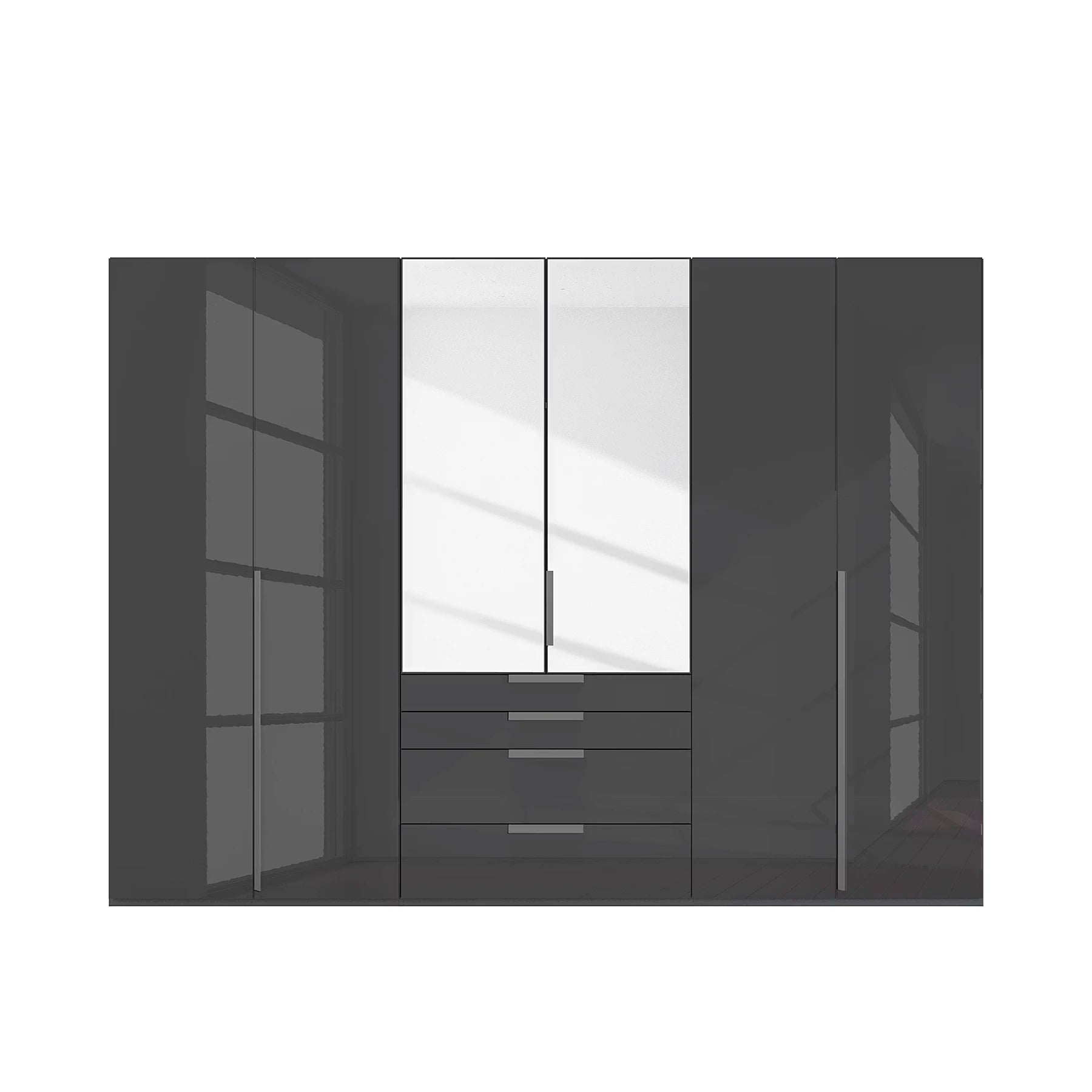 Straight view of Rauch Frans 301cm Graphite Basalt Glass 6 Door Hinged Wardrobe with Exterior Drawers, Mirror, Long Door handles and Premium Interior Inside 