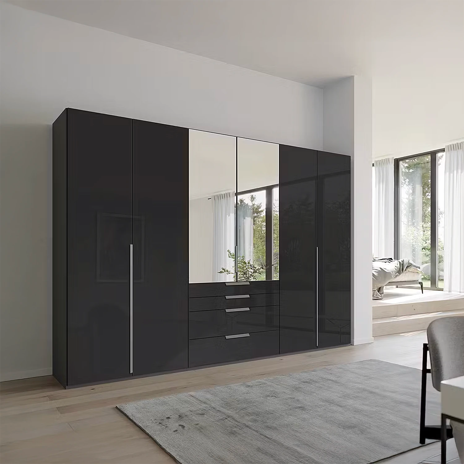 Rauch Frans 301cm Graphite Basalt Glass 6 Door Hinged Wardrobe with Exterior Drawers, Mirror, Long Door handles and Premium Interior Inside 
