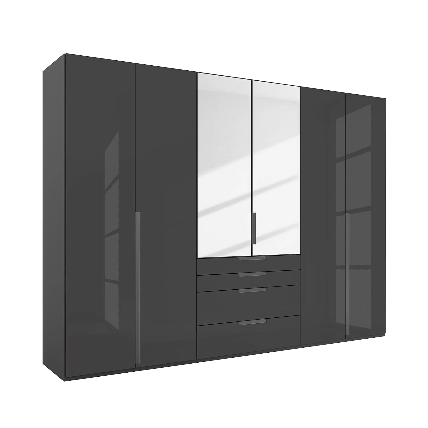 Rauch Frans 301cm Graphite Basalt Glass 6 Door Hinged Wardrobe with Exterior Drawers, Mirror, Long Door handles and Premium Interior Inside 