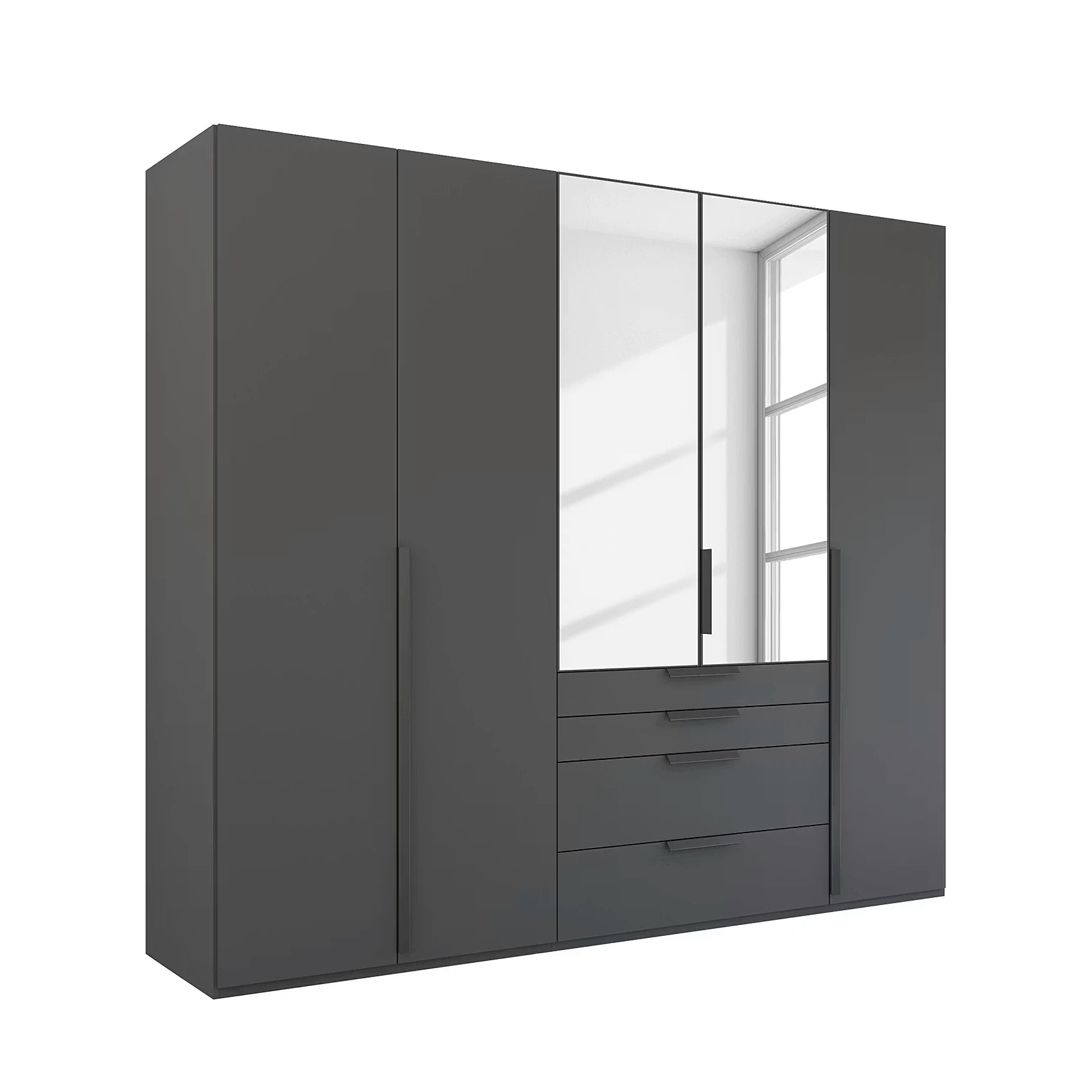 Rauch Frans 251cm 5 door Graphite wardrobe with exterior drawers, Mirror, Premium Interior  and Long Door Handles