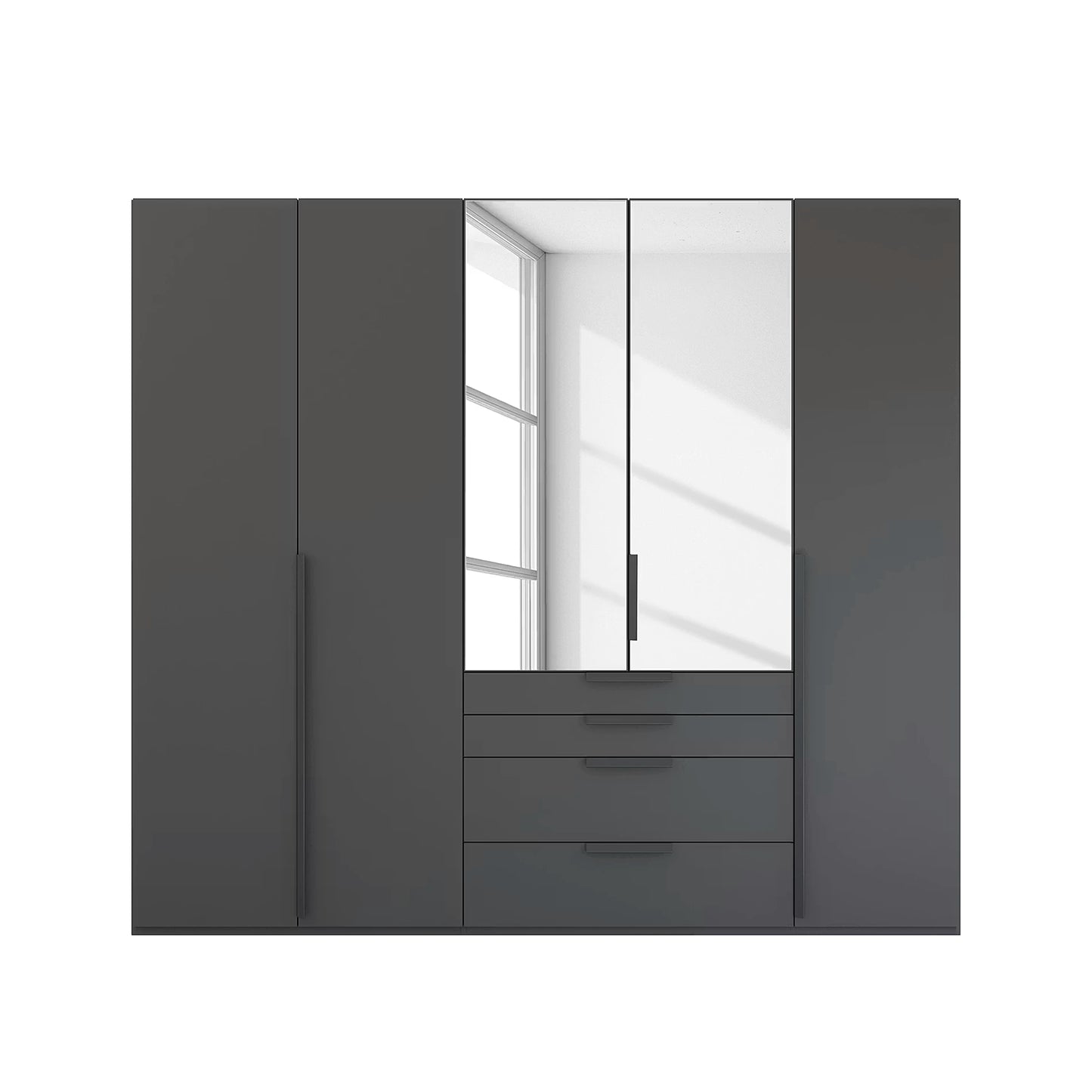 Rauch Frans 251cm 5 door Graphite wardrobe with exterior drawers, Mirror, Premium Interior  and Long Door Handles