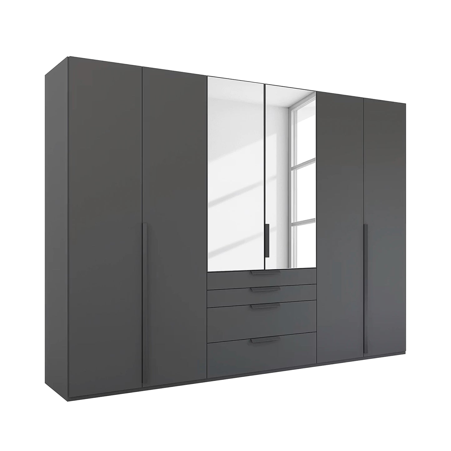 Rauch Frans 301cm Graphite 6 door wardrobe with Mirror above exterior drawers, Long Door Handles and Premium Interior Inside