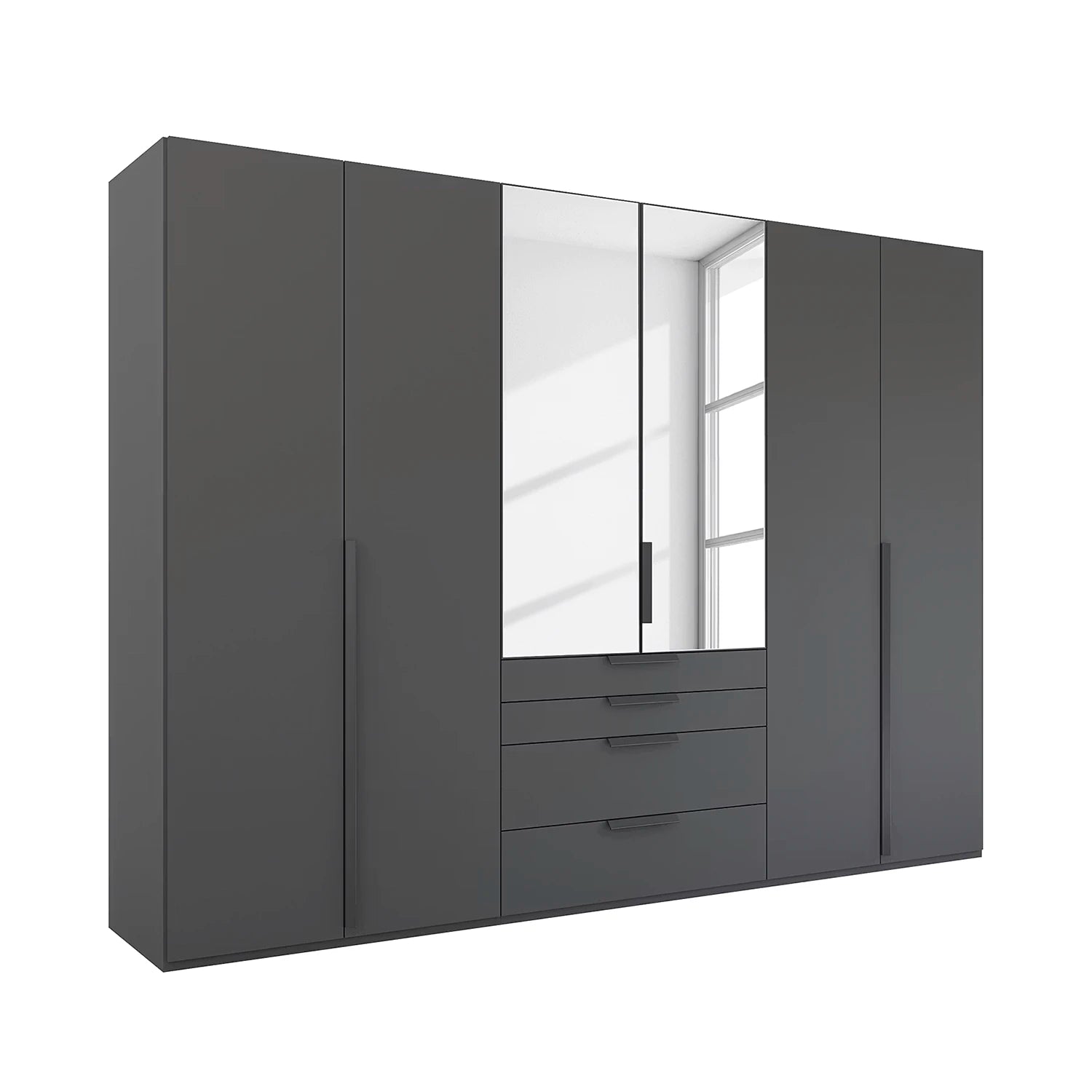 Rauch Frans 301cm Graphite 6 door wardrobe with Mirror above exterior drawers, Long Door Handles and Premium Interior Inside