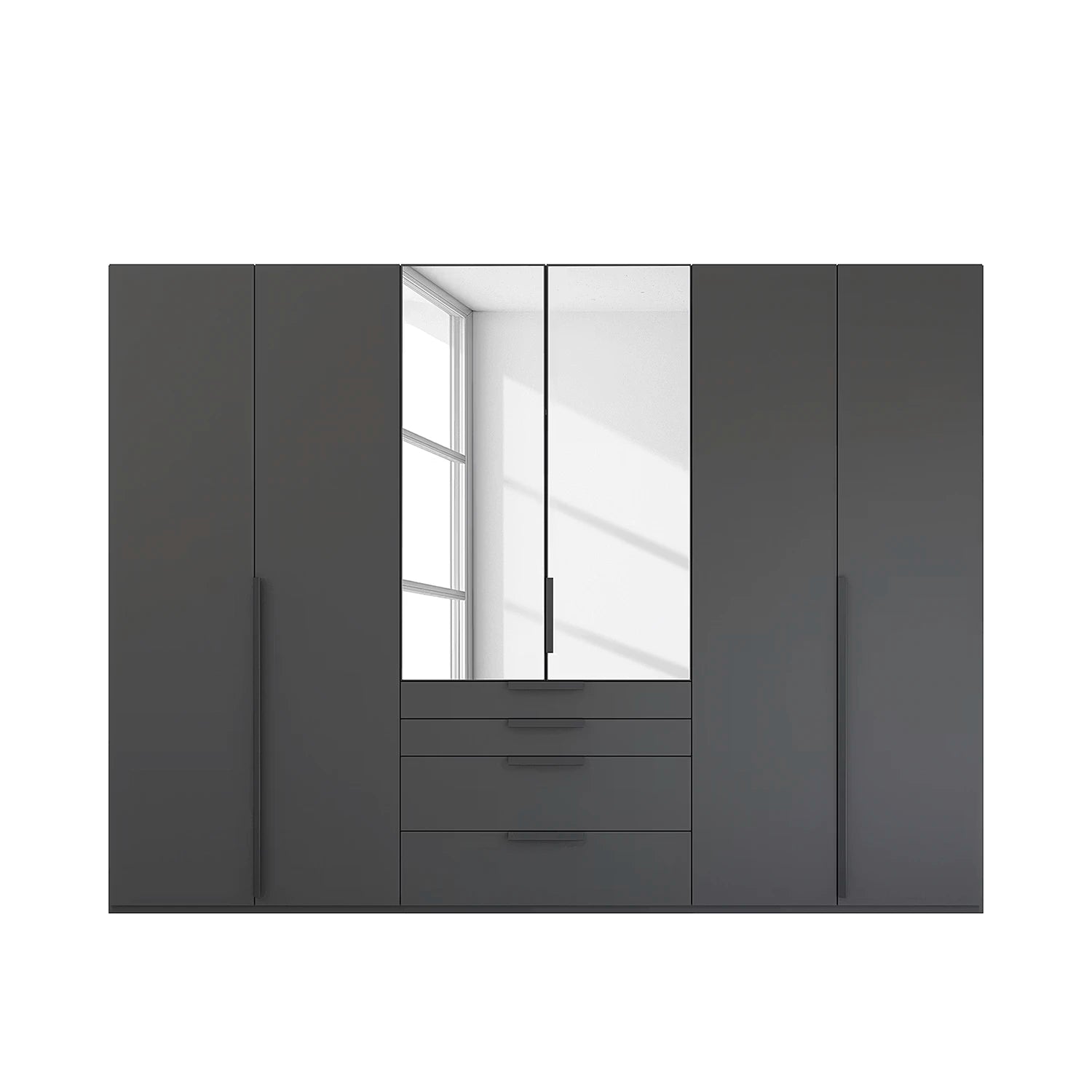 Rauch Frans 301cm Graphite 6 door wardrobe with exterior drawers, Mirror, Premium Interior and Long Door Handles