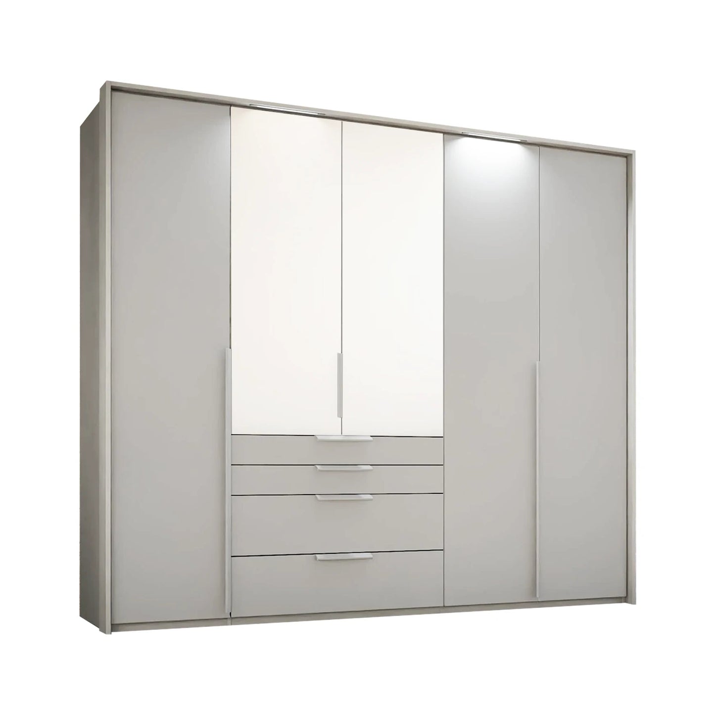 Rauch Frans 251cm 5 door White wardrobe with exterior drawers, Mirror, Premium Interior  PPT frame and Long Door Handles