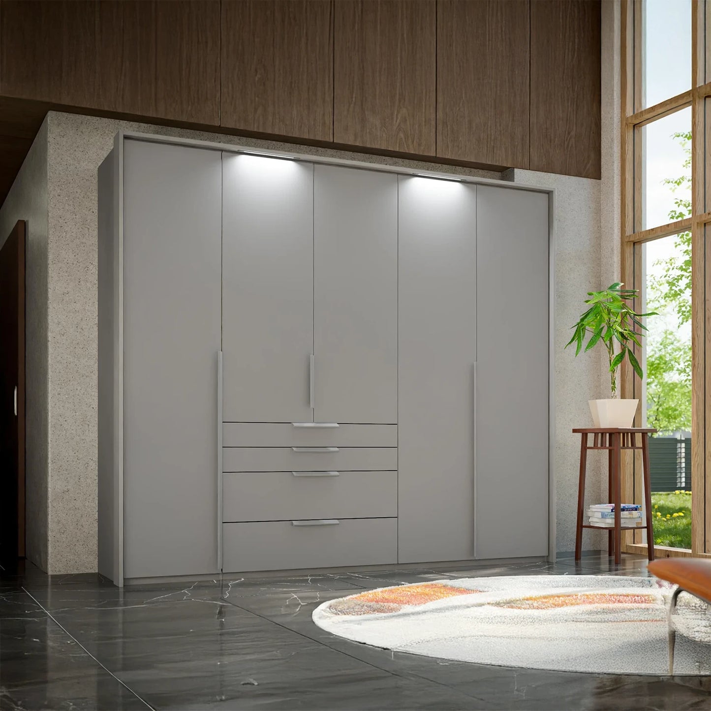 Rauch Frans 251cm 5 door Silk Grey wardrobe with exterior drawers,  Light Passepartout Frame and Long Door Handles