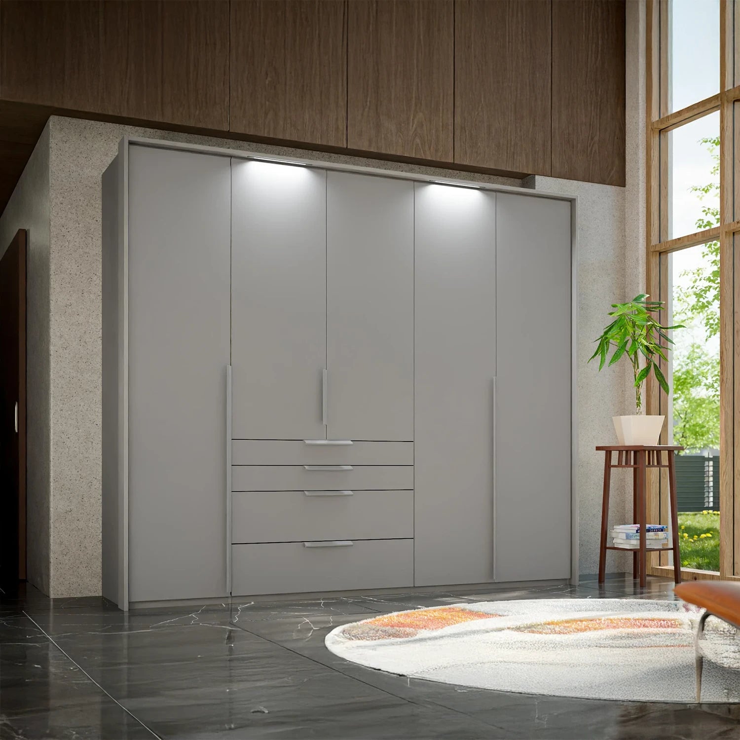 Rauch Frans 251cm 5 door Silk Grey wardrobe with exterior drawers,  Light Passepartout Frame and Long Door Handles