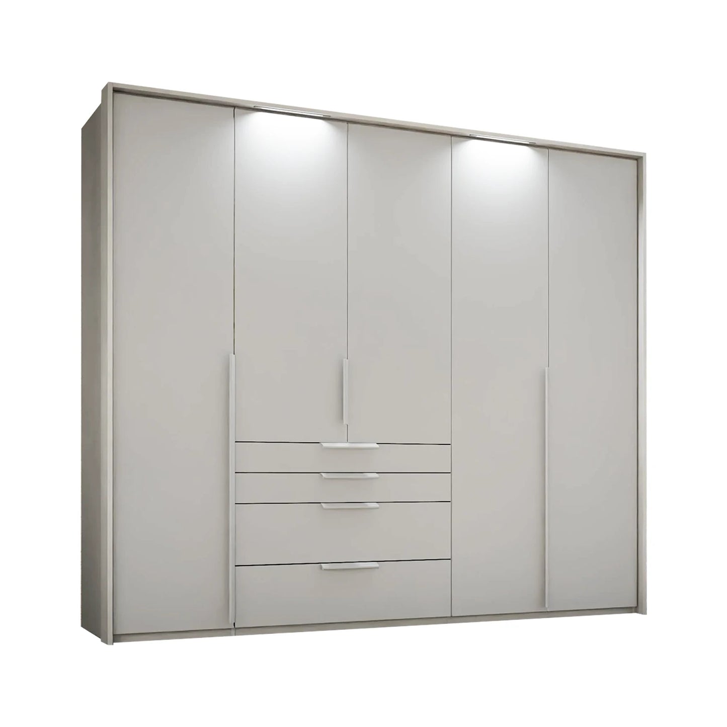 Rauch Frans 251cm 5 door Silk Greywardrobe with exterior drawers, Mirror, Premium Interior LED Passepartout Frame and Long Door Handles