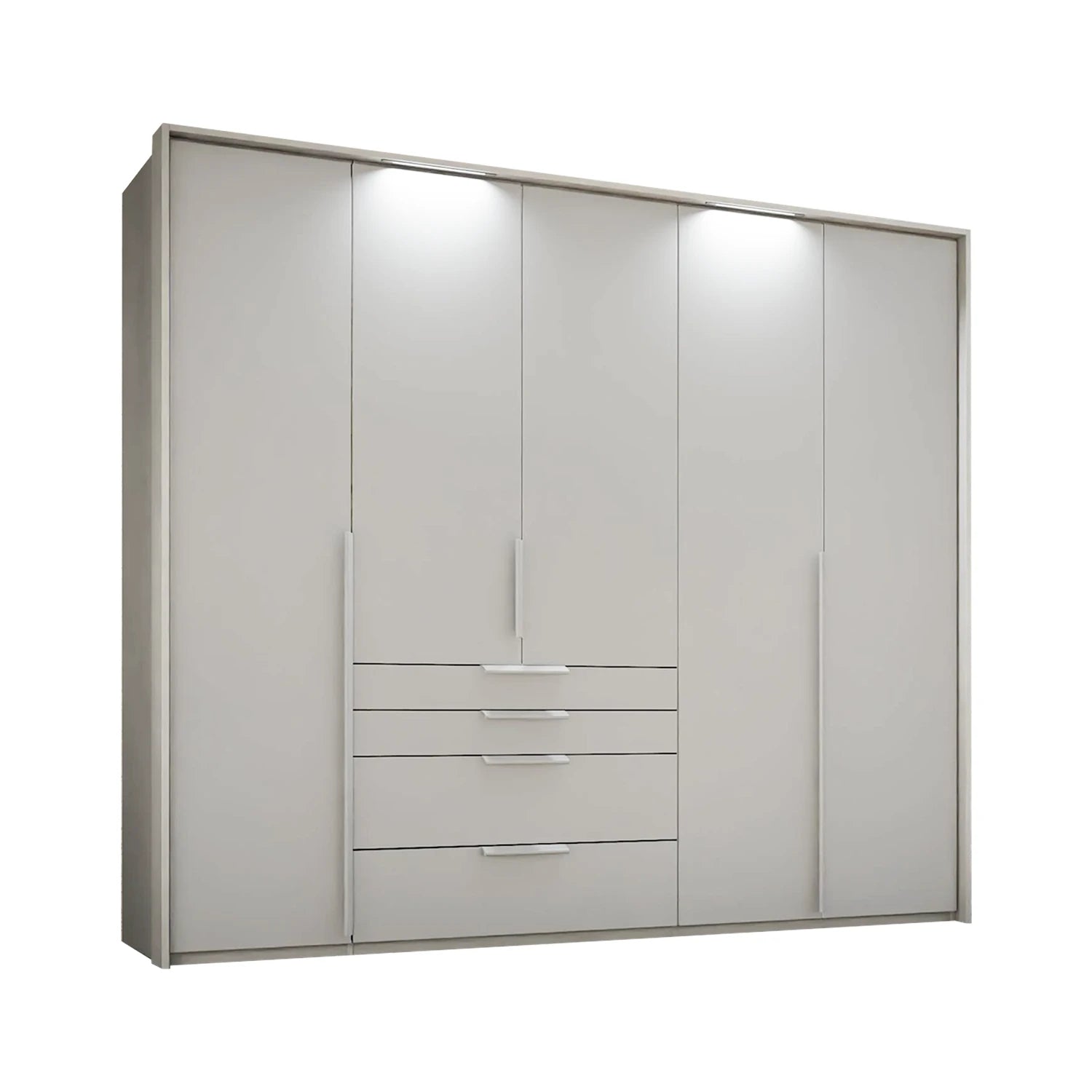 Rauch Frans 251cm 5 door Silk Greywardrobe with exterior drawers, Mirror, Premium Interior LED Passepartout Frame and Long Door Handles