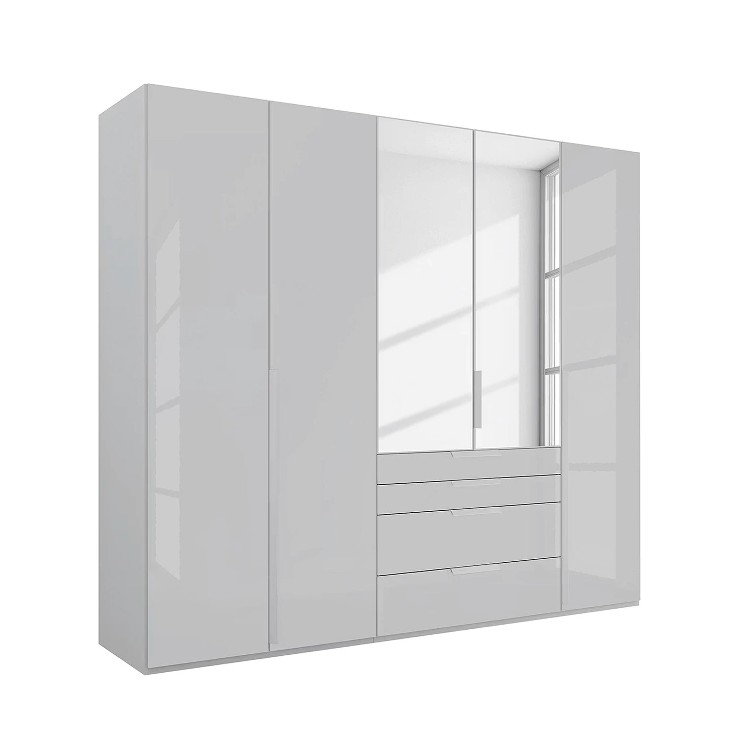 Rauch Frans 251cm Silk Grey Glass 5 door wardrobe with Mirror, exterior drawers, Long Door Handles and Premium Interior 