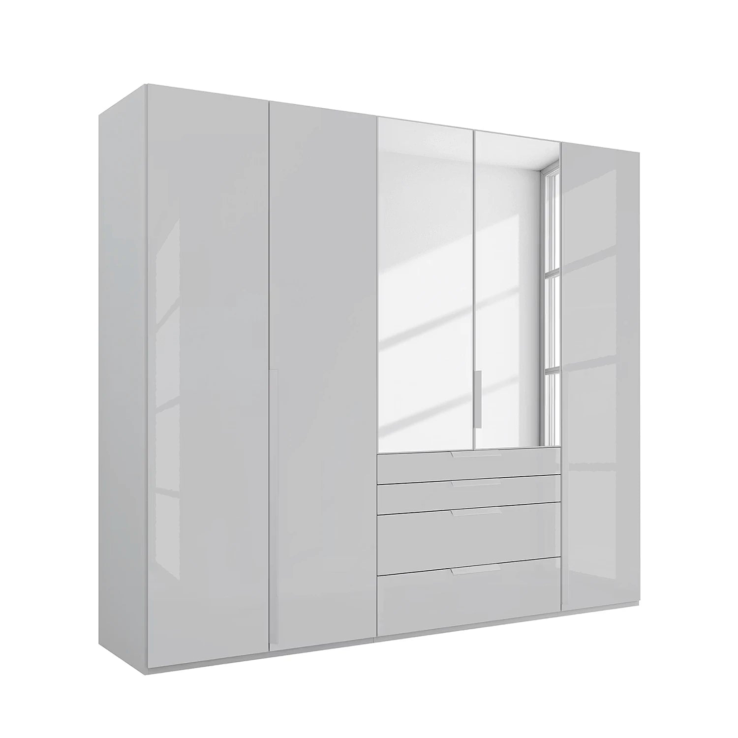 Rauch Frans 251cm Silk Grey Glass 5 door wardrobe with Mirror, exterior drawers, Long Door Handles and Premium Interior 