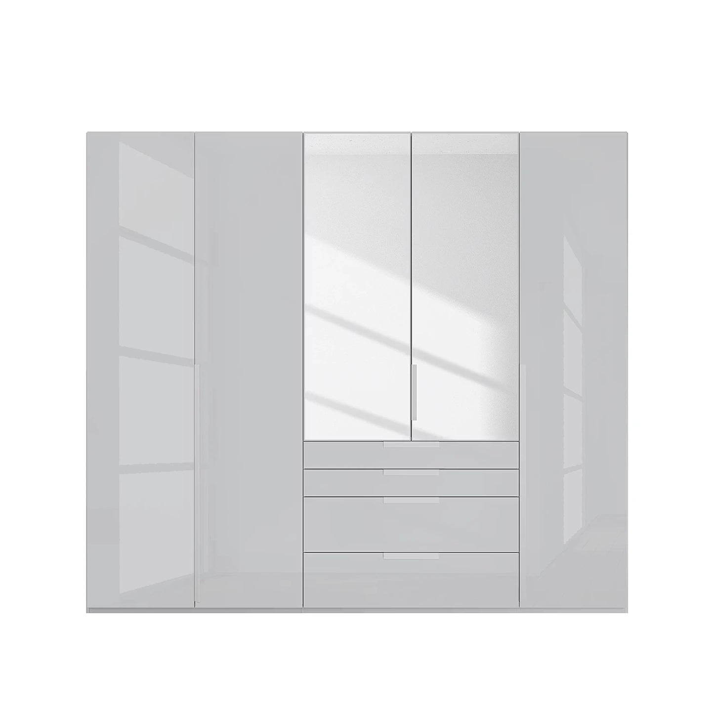 Rauch Frans 251cm Silk Grey Glass 5 door wardrobe with exterior drawers, Long Door Handles, Mirror and Premium Interior 