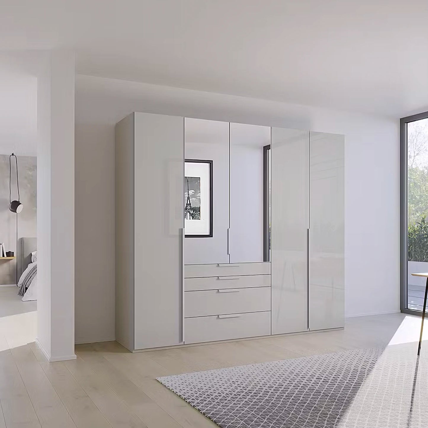 Rauch Frans 251cm Silk Grey Glass 5 door wardrobe with exterior drawers, Mirror and Premium Interior 