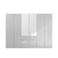 Front View of A modern Rauch Frans 301cm Silk Grey Glass 6 Door Hinged Wardrobe with Exterior Drawers, Mirror, Long Door handles and Premium Interior Inside 