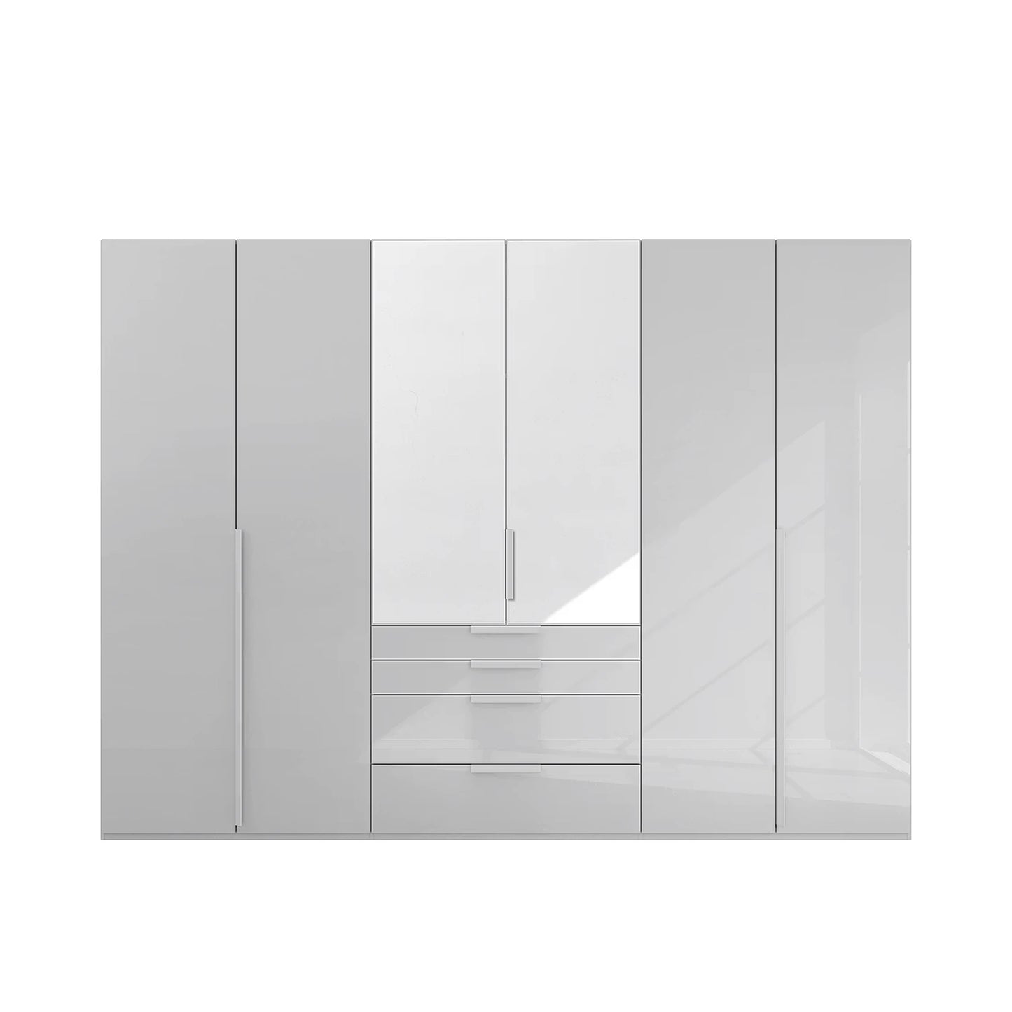 Front View of A modern Rauch Frans 301cm Silk Grey Glass 6 Door Hinged Wardrobe with Exterior Drawers, Mirror, Long Door handles and Premium Interior Inside 