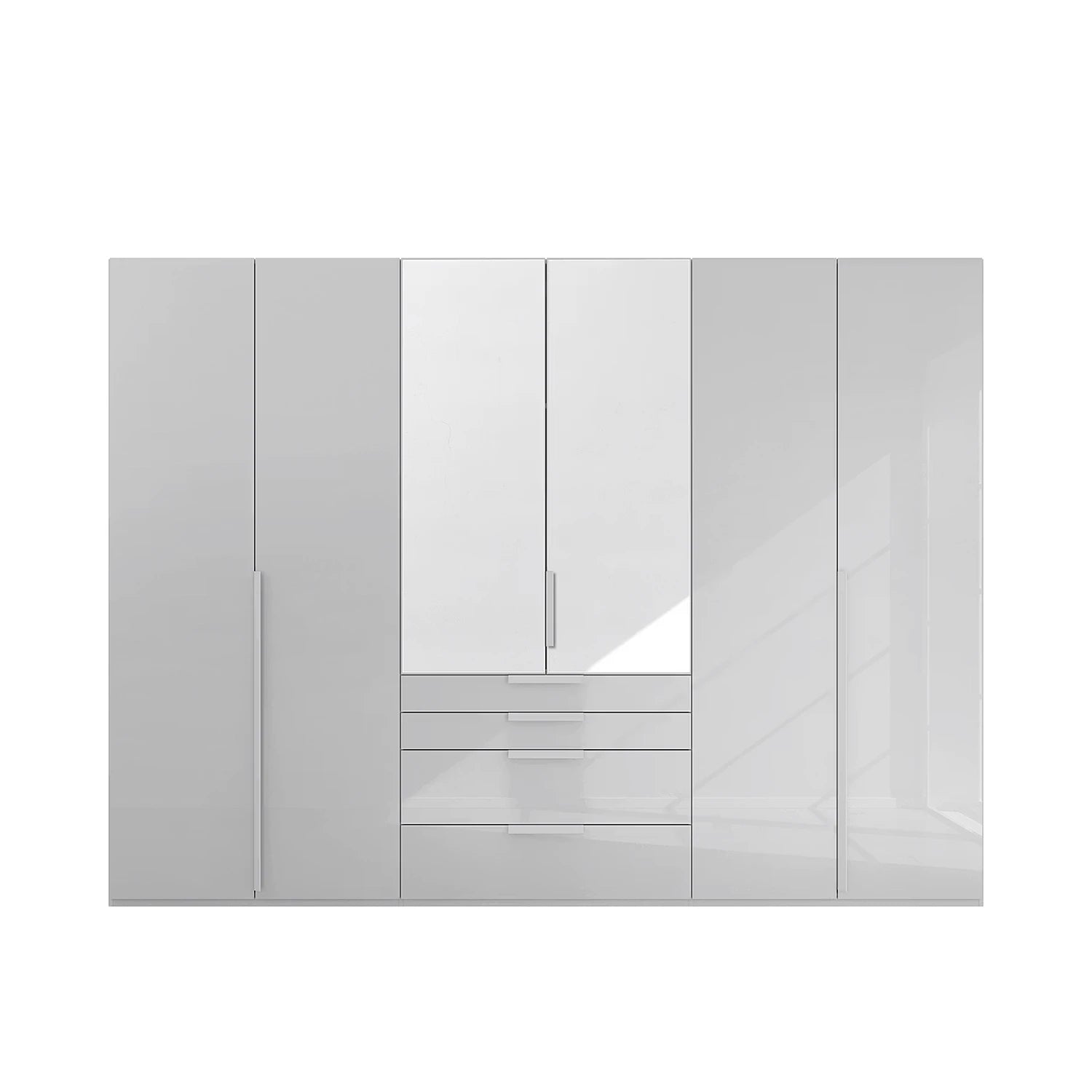 Front View of A modern Rauch Frans 301cm Silk Grey Glass 6 Door Hinged Wardrobe with Exterior Drawers, Mirror, Long Door handles and Premium Interior Inside 