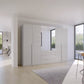 A modern Rauch Frans 301cm Silk Grey Glass 6 Door Hinged Wardrobe with Exterior Drawers, Mirror, Long Door handles and Premium Interior Inside 