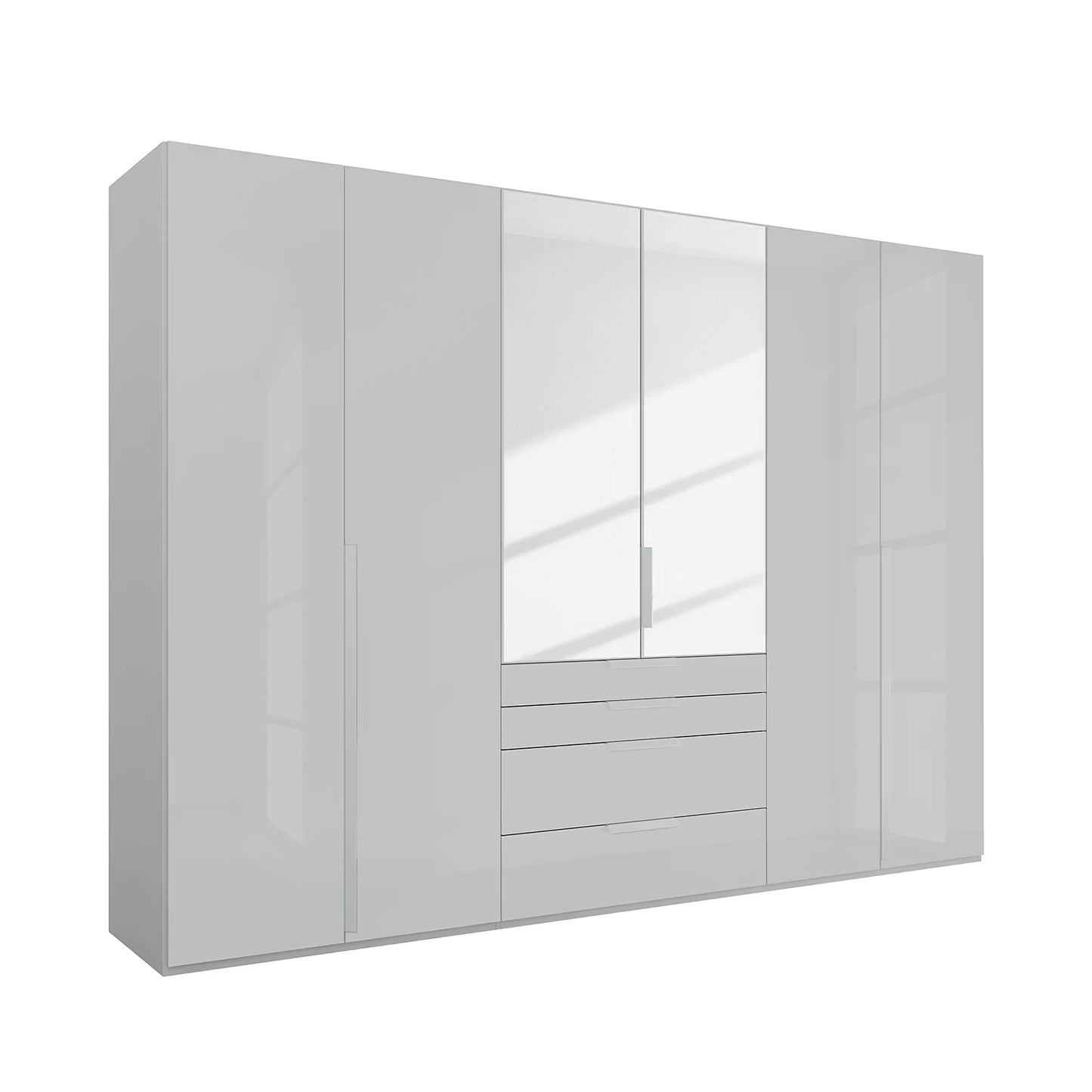 Angled View on White Background of A modern Rauch Frans 301cm Silk Grey Glass 6 Door Hinged Wardrobe with Exterior Drawers, Mirror, Long Door handles and Premium Interior Inside 