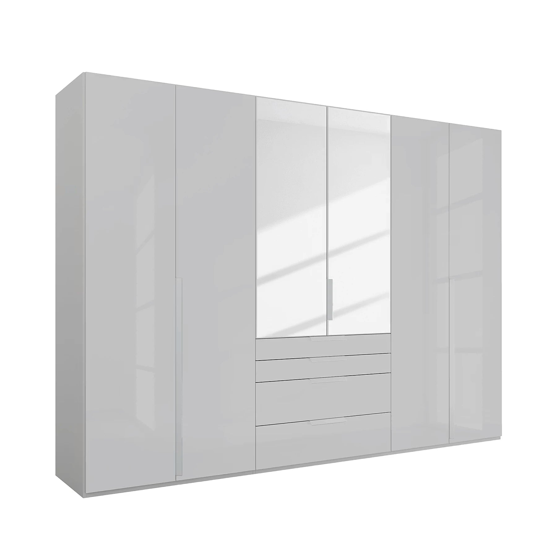 Angled View on White Background of A modern Rauch Frans 301cm Silk Grey Glass 6 Door Hinged Wardrobe with Exterior Drawers, Mirror, Long Door handles and Premium Interior Inside 