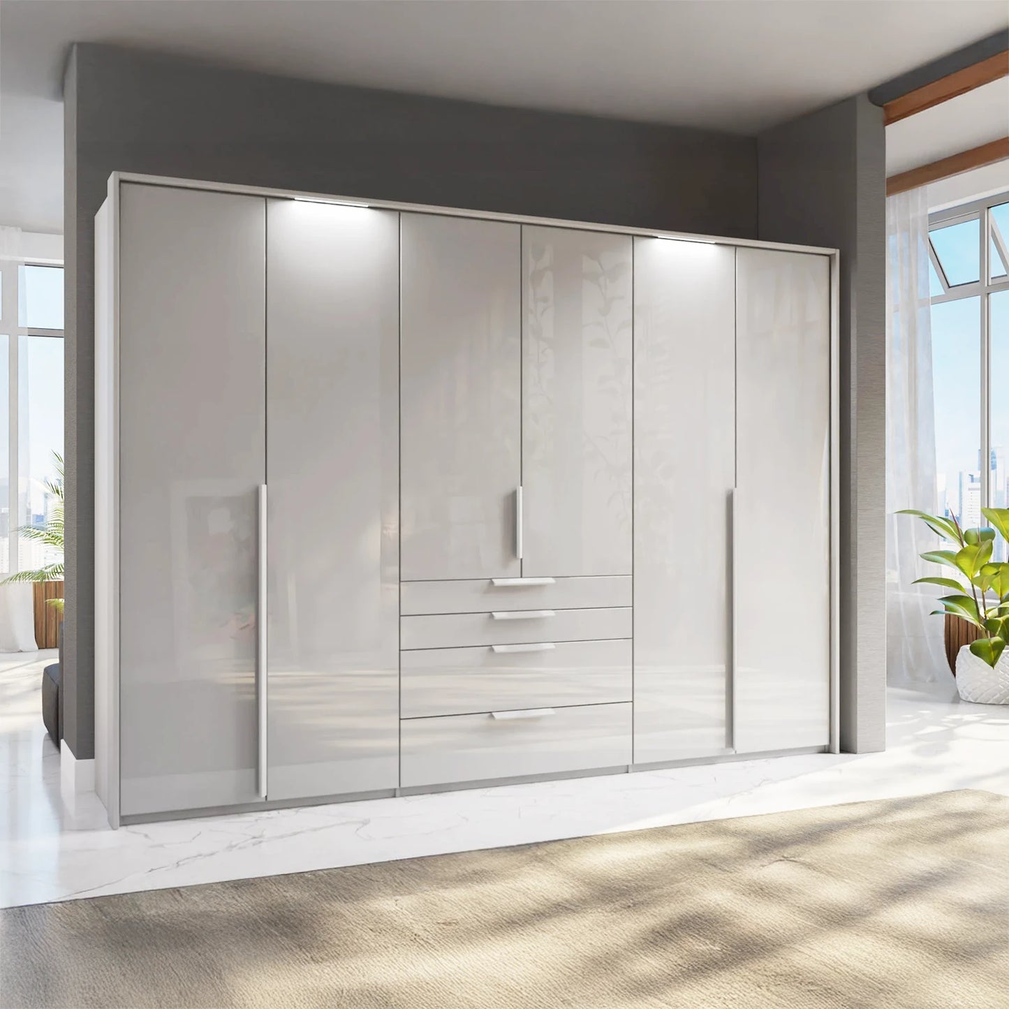 Rauch Frans 301cm Silk Grey Glass 6 Door Hinged Wardrobe with Exterior Drawers, LED Lights, Long Door handles and Premium Interior Inside 