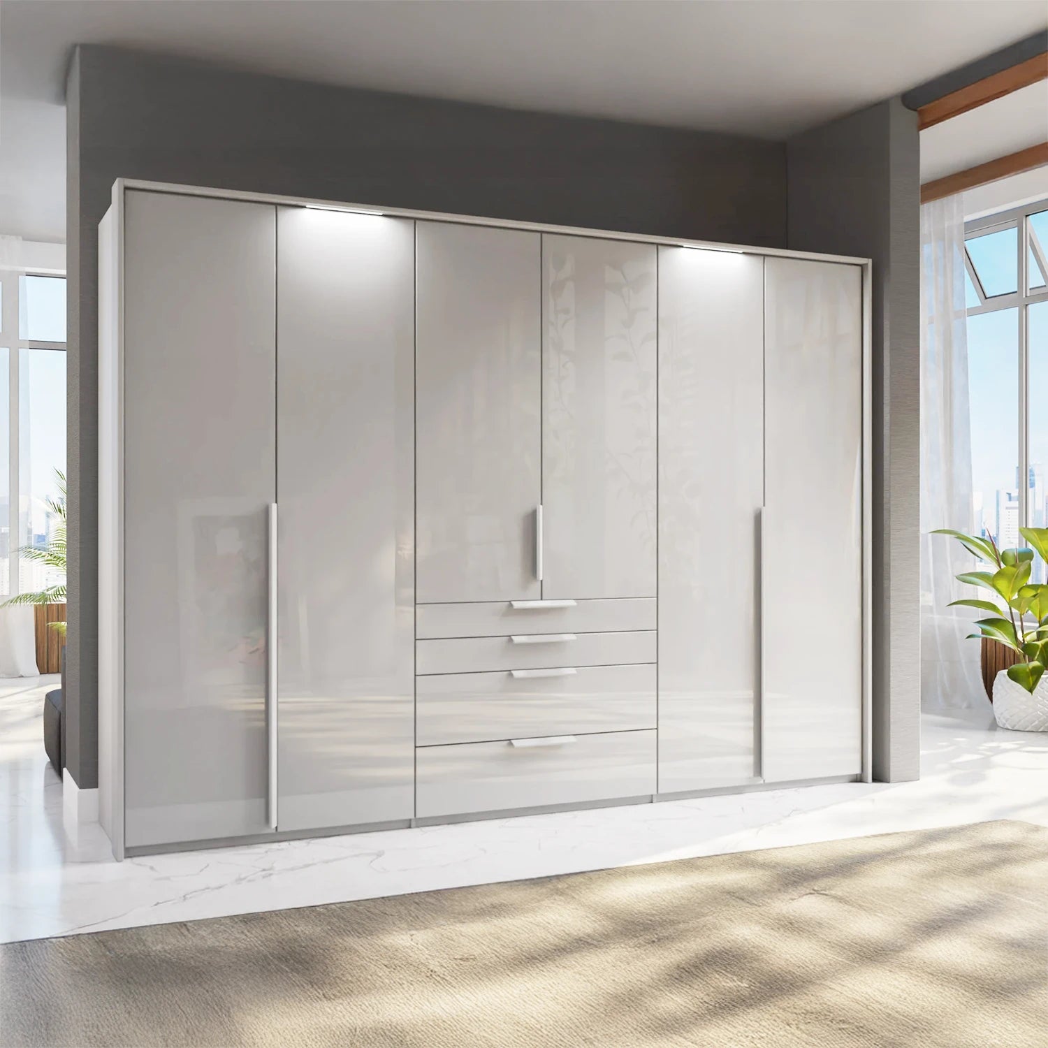 Rauch Frans 301cm Silk Grey Glass 6 Door Hinged Wardrobe with Exterior Drawers, LED Lights, Long Door handles and Premium Interior Inside 