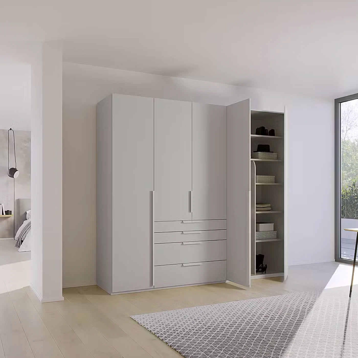 Rauch Frans 251cm 5 door Silk Grey wardrobe with exterior drawers, Premium Interior and Long Door Handles
