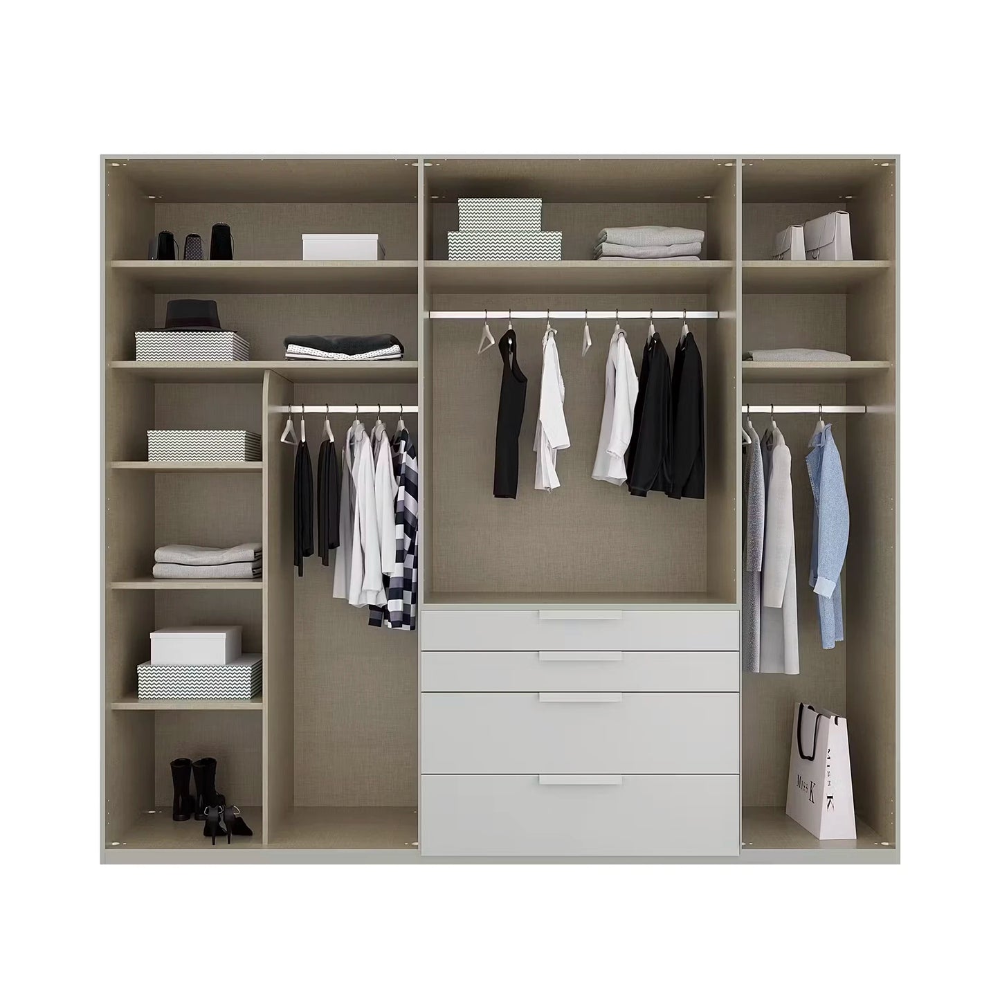 Interior details of Rauch Frans 251cm 5 door Silk Grey wardrobe with exterior drawers, Mirror and Long Door Handles