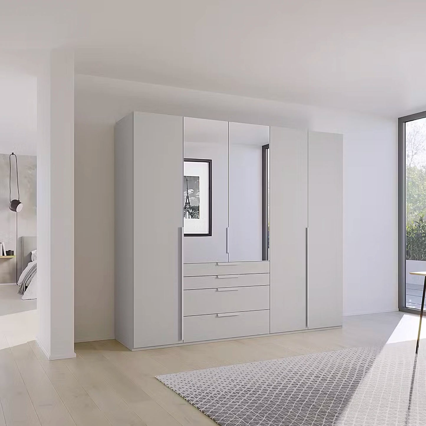 Rauch Frans 251cm 5 door Silk Grey wardrobe with exterior drawers, Mirror and Long Door Handles