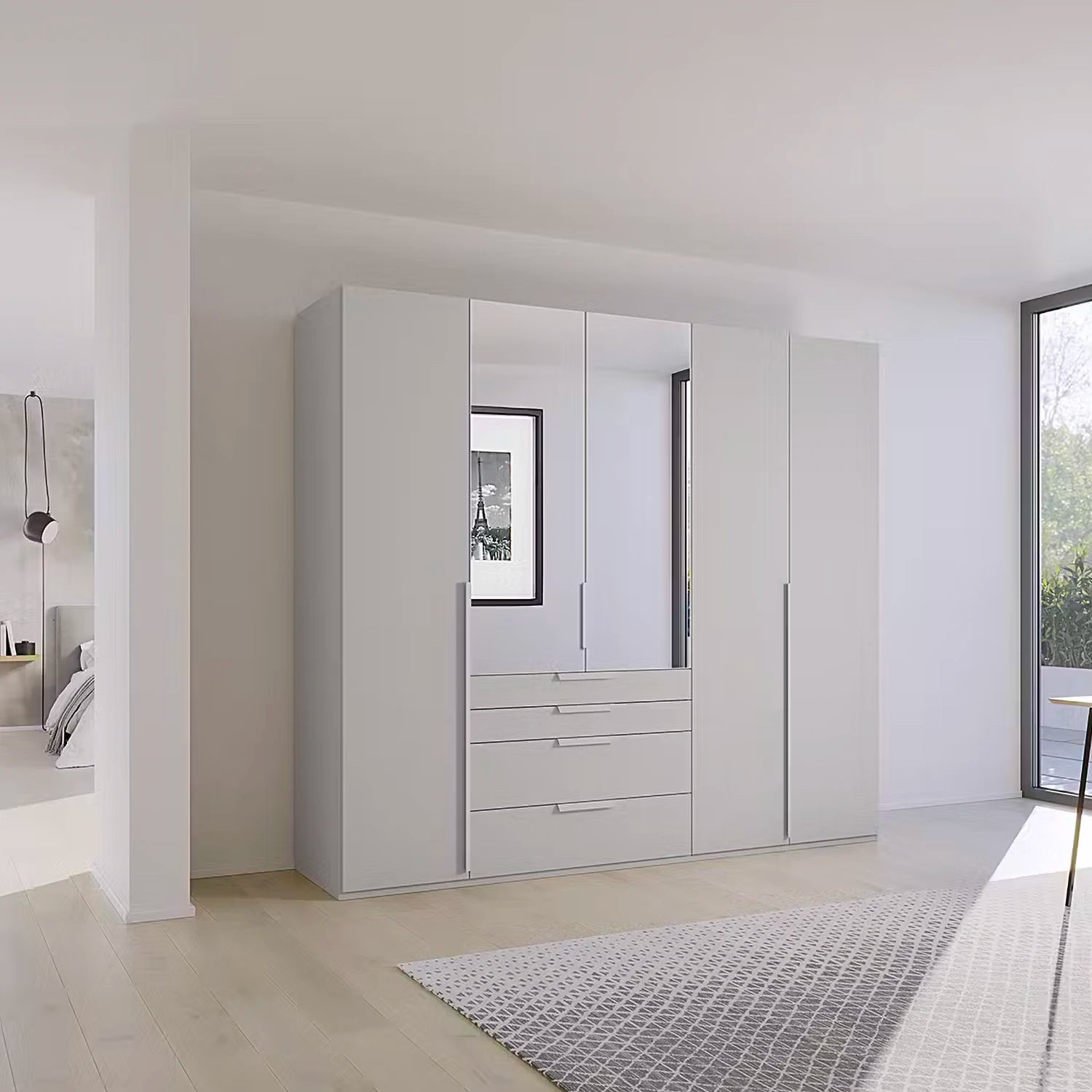 Rauch Frans 251cm 5 door Silk Grey wardrobe with exterior drawers, Mirror and Long Door Handles