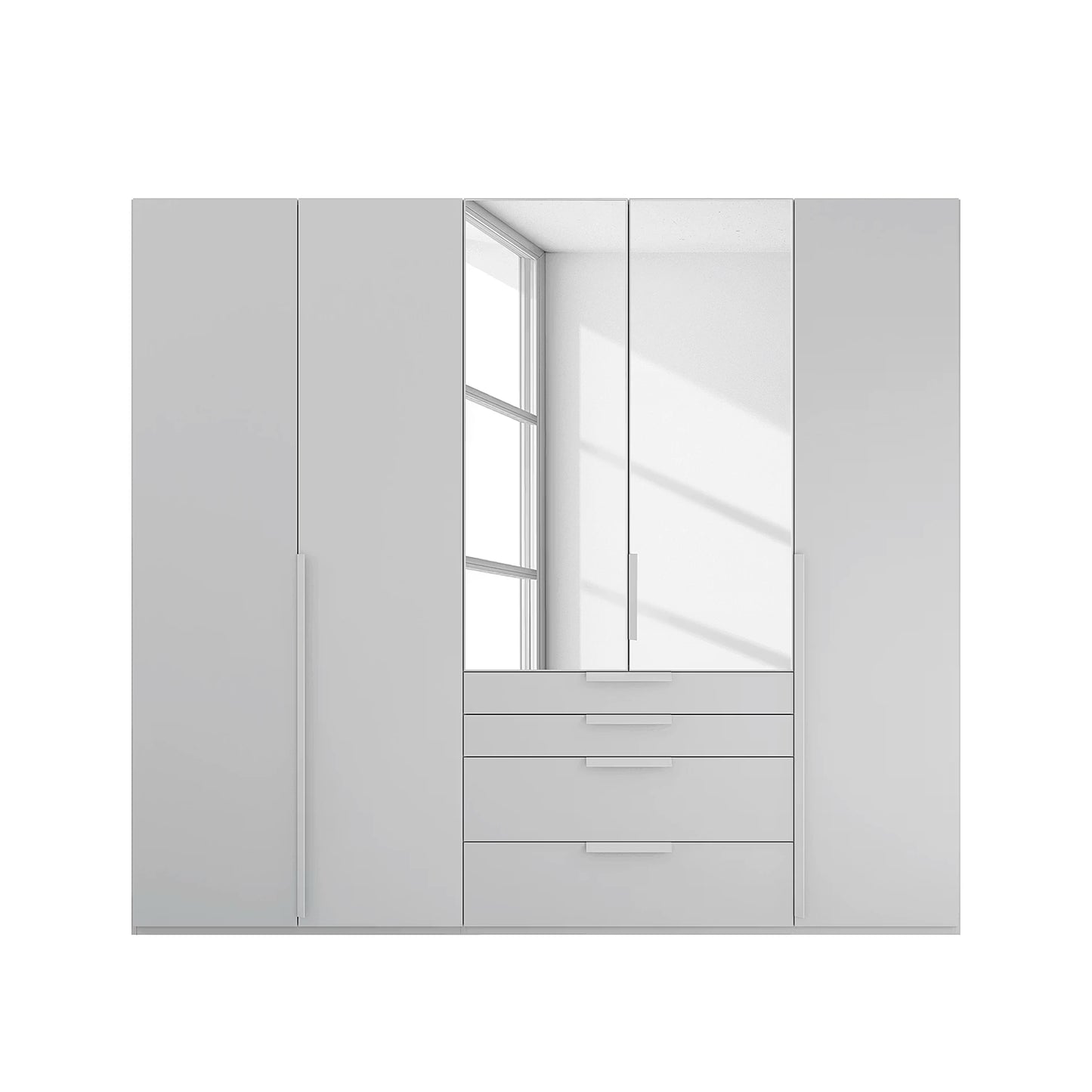 Rauch Frans 251cm 5 door Silk Greywardrobe with exterior drawers, Mirror, Premium Interior  and Long Door Handles