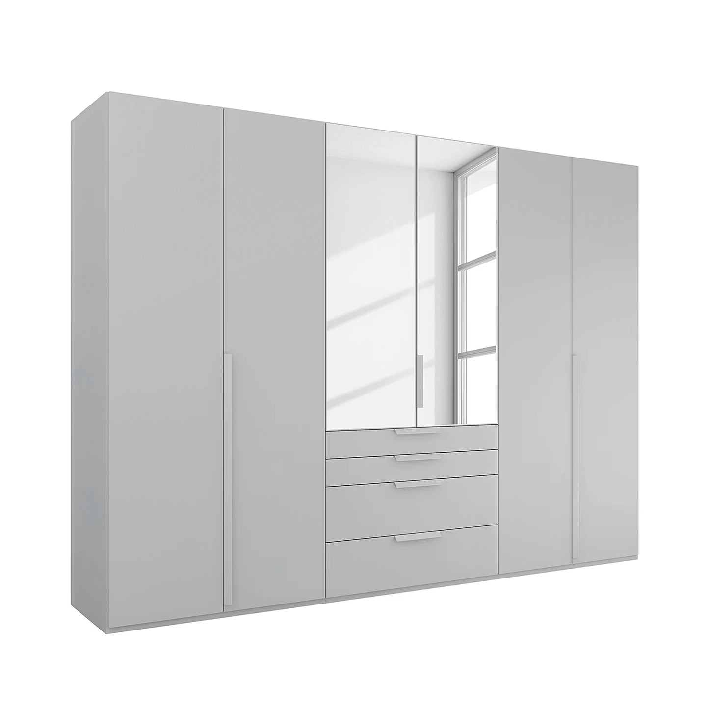Rauch Frans 301cm Silk Grey 6 door wardrobe with exterior drawers, Mirror, Premium Interior Inside and Long Door Handles