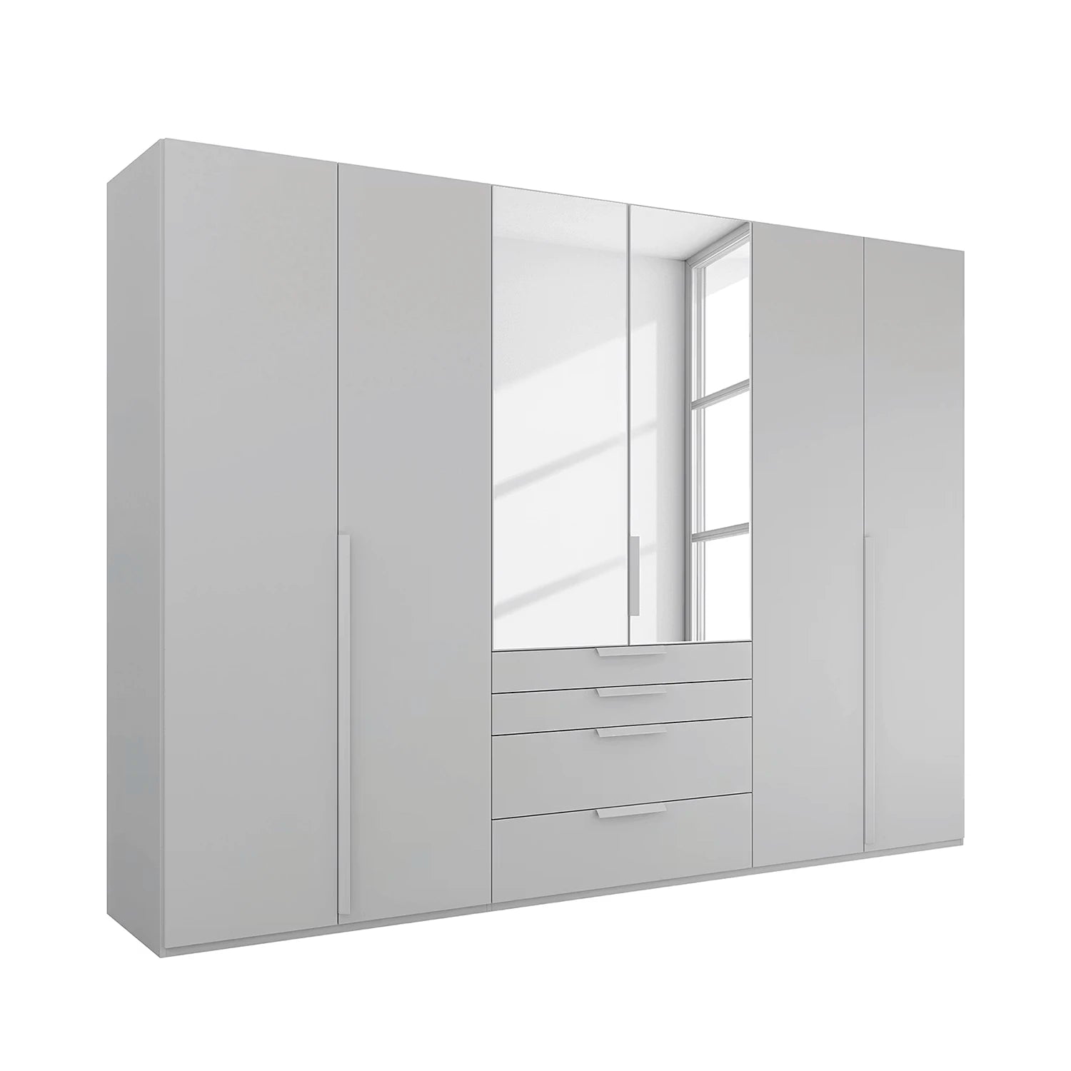 Rauch Frans 301cm Silk Grey 6 door wardrobe with exterior drawers, Mirror, Premium Interior Inside and Long Door Handles