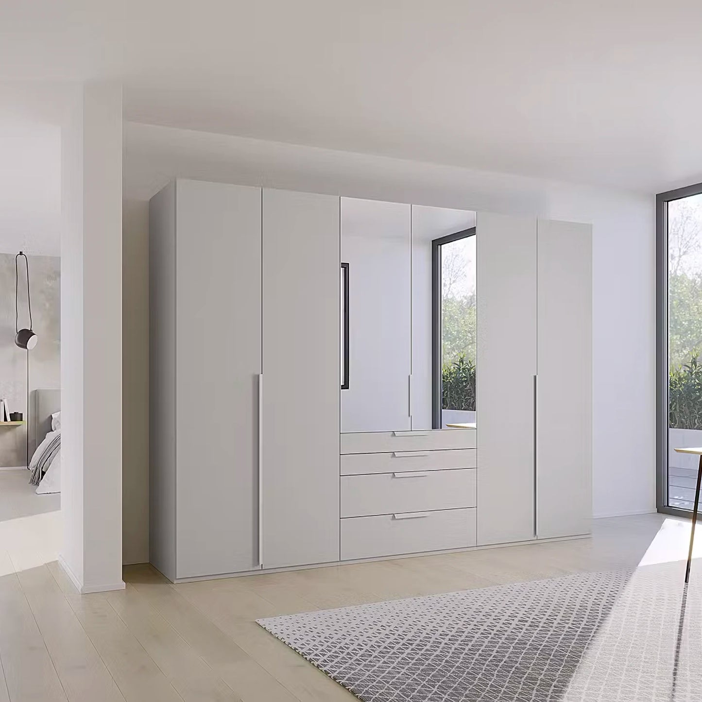 Rauch Frans 301cm Silk Grey 6 door wardrobe with exterior drawers, Mirror, Long Door Handles and Premium Interior