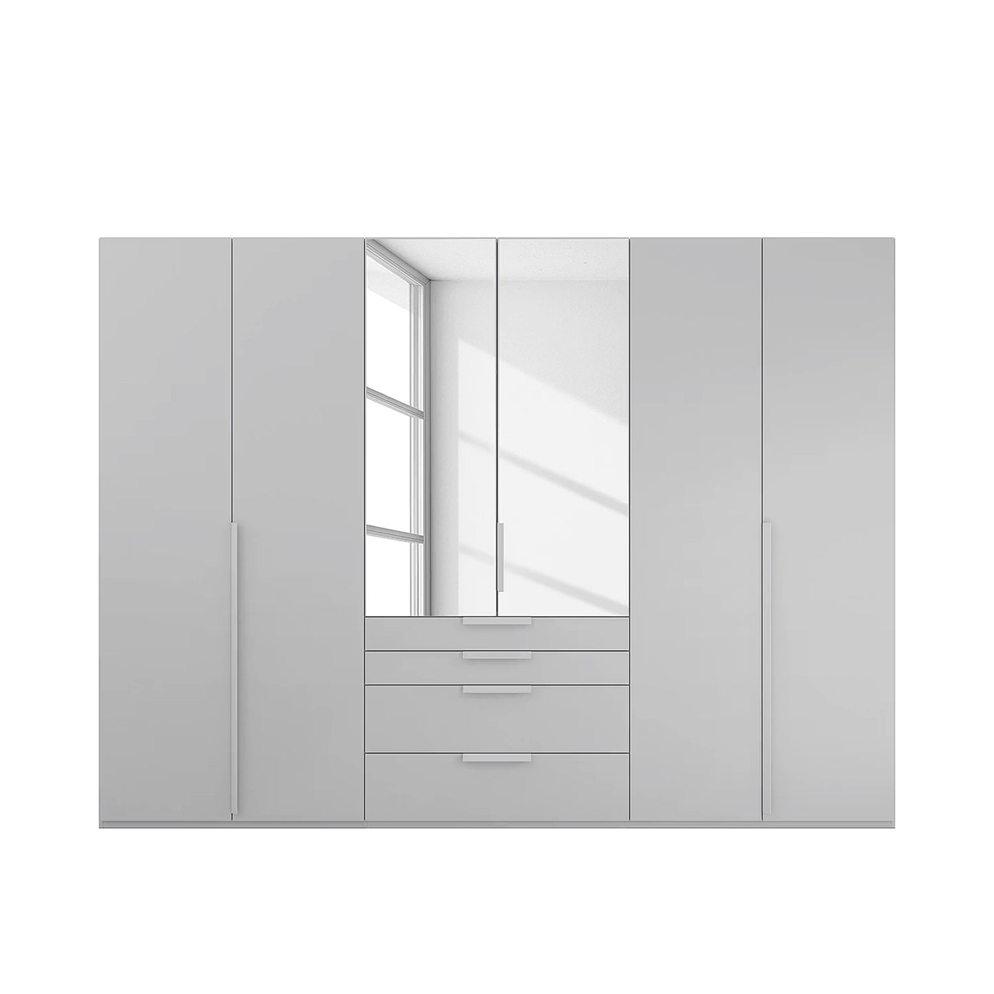 Rauch Frans 301cm Silk Grey 6 door wardrobe with exterior drawers, Mirror, Premium Interior Inside and Long Door Handles