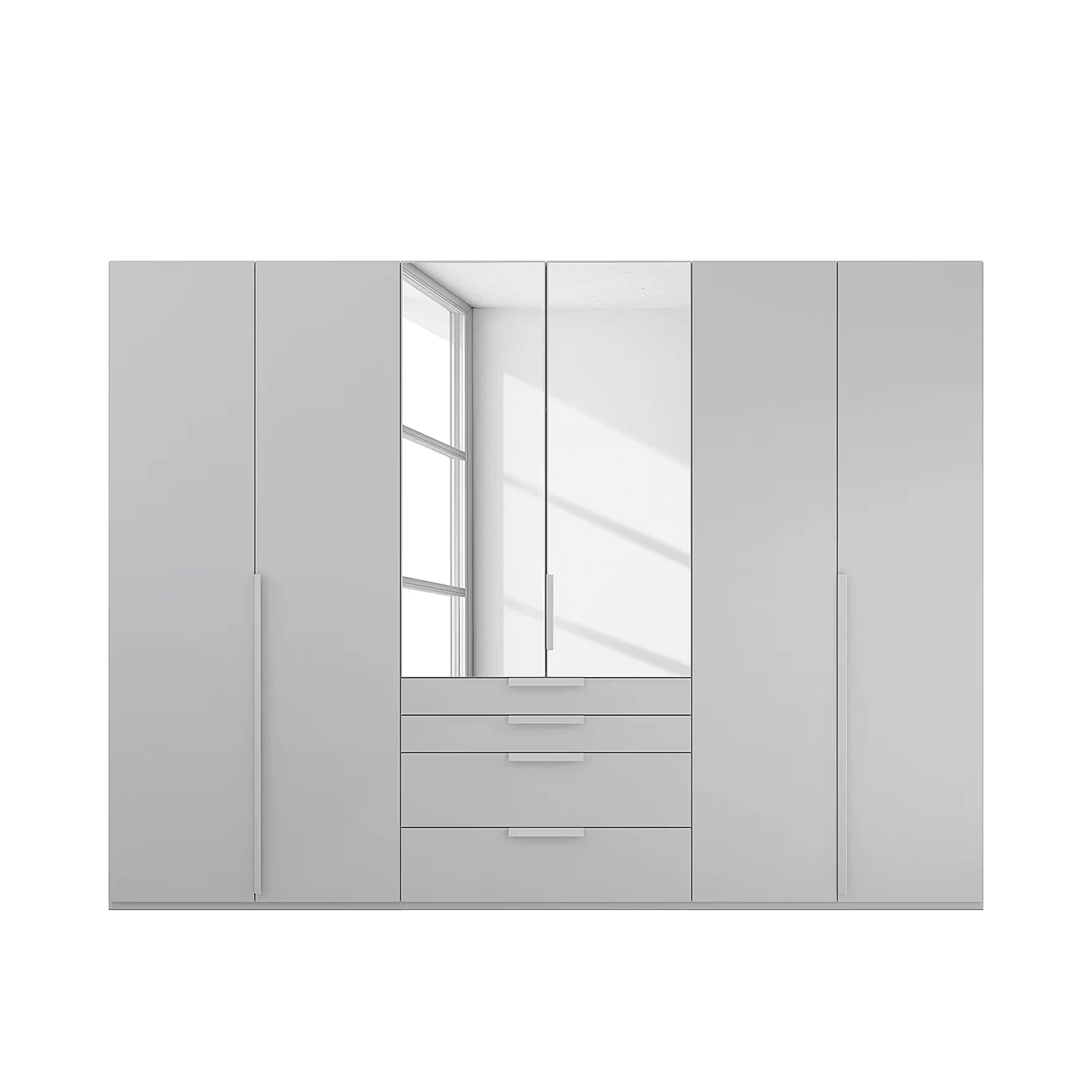 Rauch Frans 301cm Silk Grey 6 door wardrobe with exterior drawers, Mirror, Premium Interior Inside and Long Door Handles