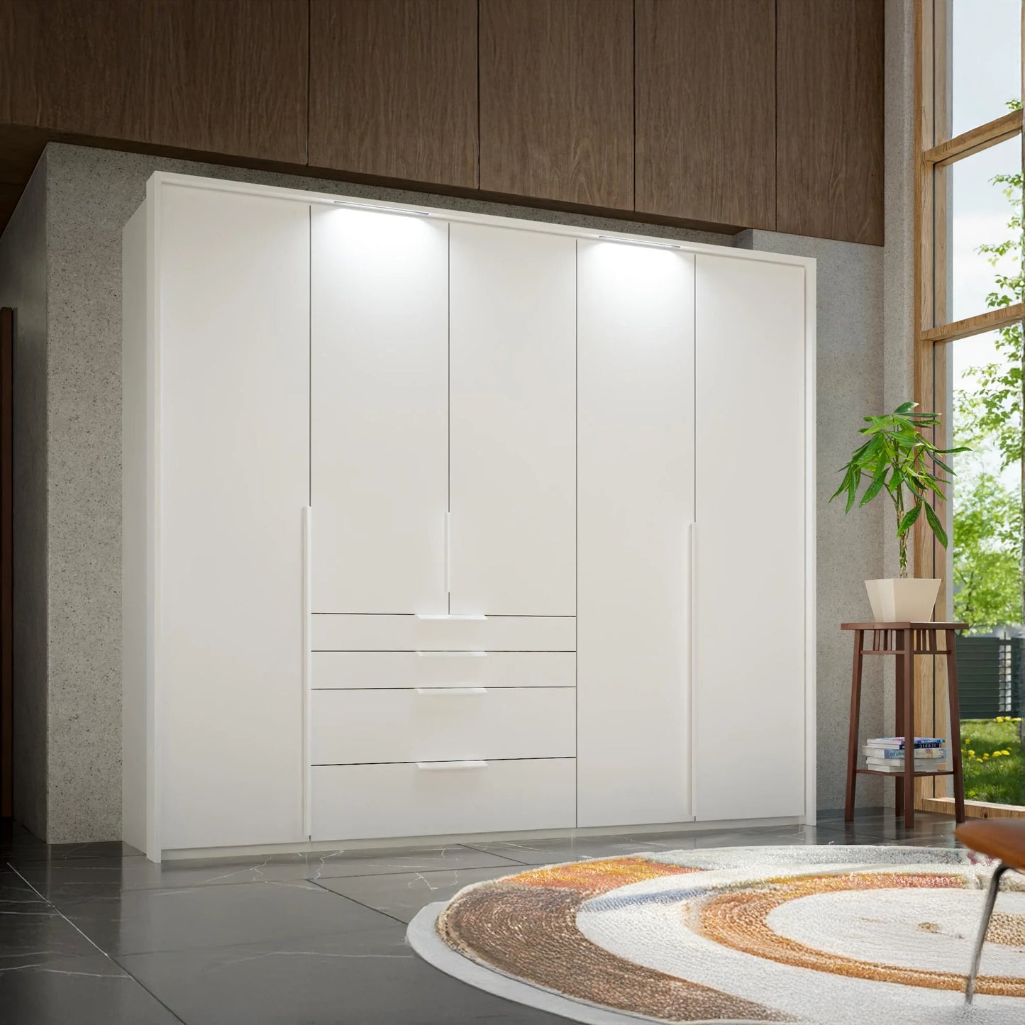 Rauch Purisma Frans 251cm 5 door White wardrobe with exterior drawers, Premium Interior, Light Passepartout Frame and Long Door Handles