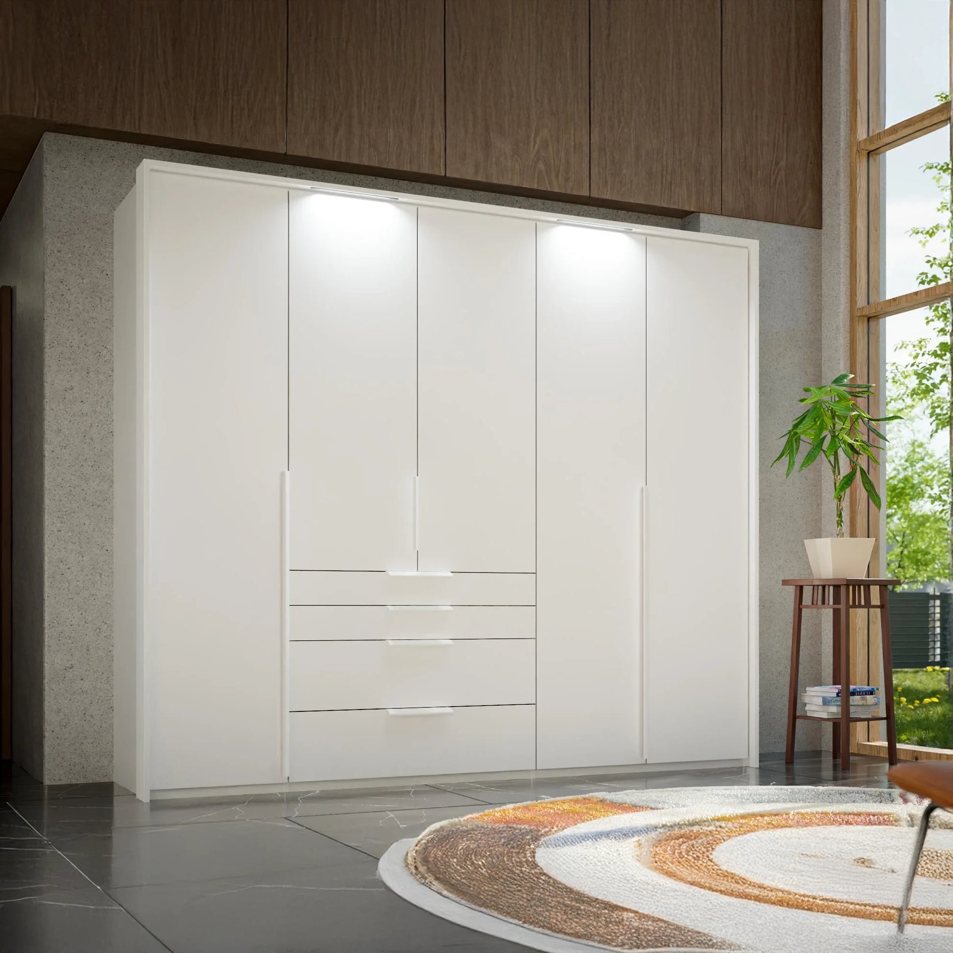 Rauch Purisma Frans 251cm 5 door White wardrobe with exterior drawers, Premium Interior, Light Passepartout Frame and Long Door Handles